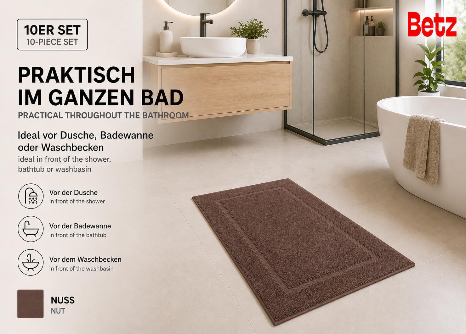 Betz Set di 10 scendibagni tappeto da bagno PREMIUM 100% cotone qualità 650 g/m² 50x70 cm colore marrone