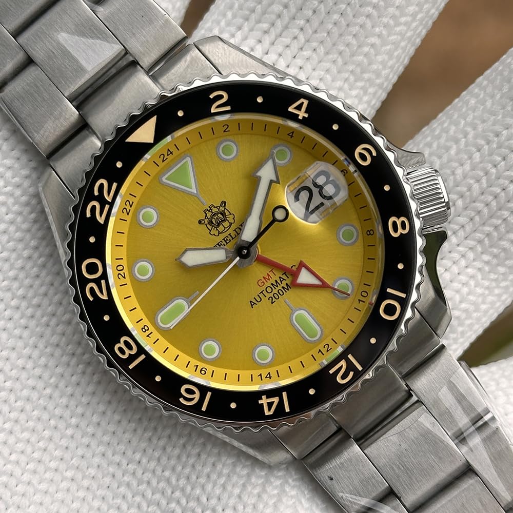 STEELDIVE SD1994 żółte GMT NH34 automatyczne mechaniczne męskie zegarki 200 m wodoodporny ceramiczny pierścień szafirowy zegarek nurkowy
