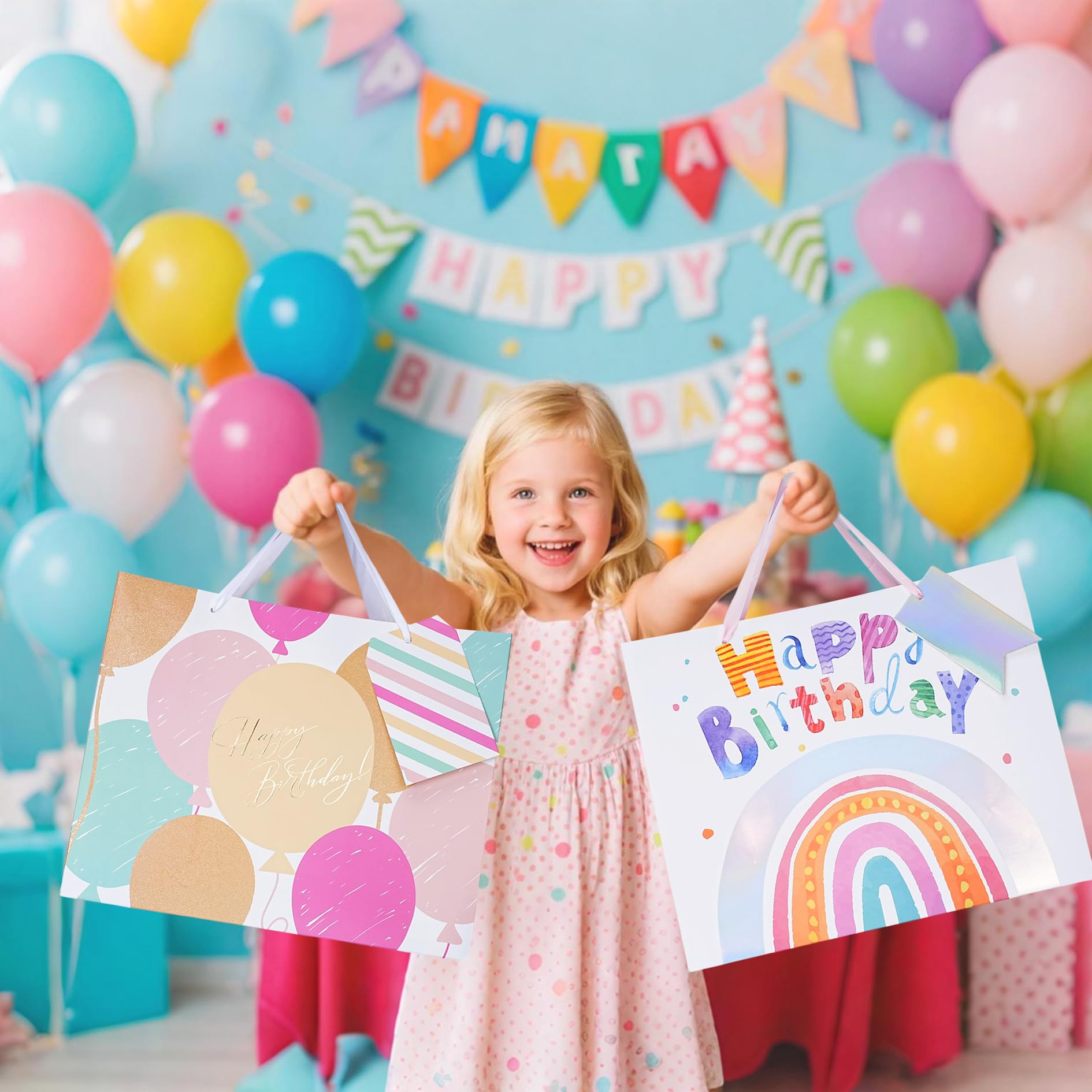 LaRibbons 13" Large Rainbow Birthday Gift Bag with Tissue Paper and Greeting Card, Pink with Holographic Design, Perfect for Girls and Kids Birthday