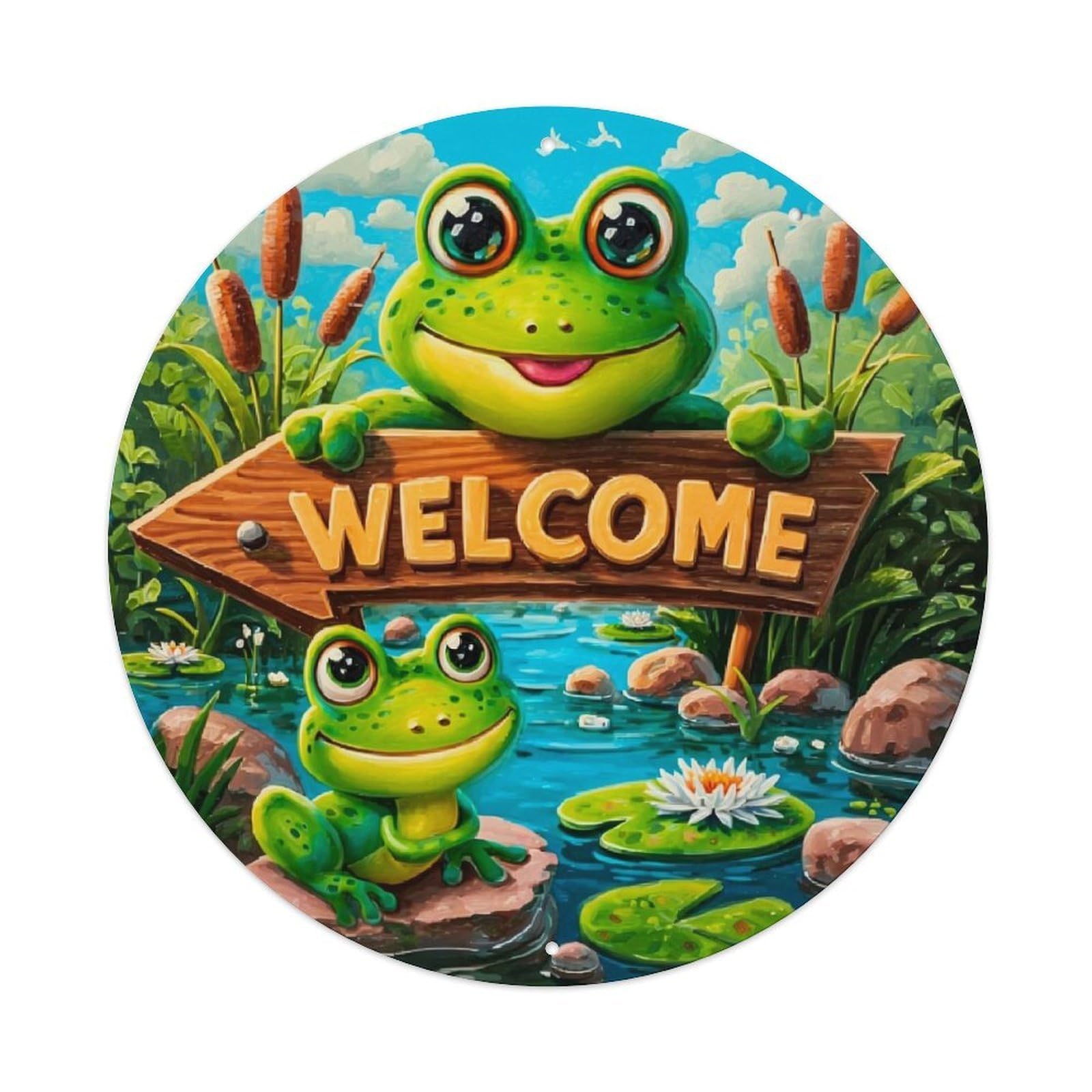 Frog Welcome Sign Pond Lily Retro Metal Sign Round Tin Sign, Vintage Decor Art Poster for Bar, Home, Man Cave, Kitchen, Laundry Room Gift 8x8Inch