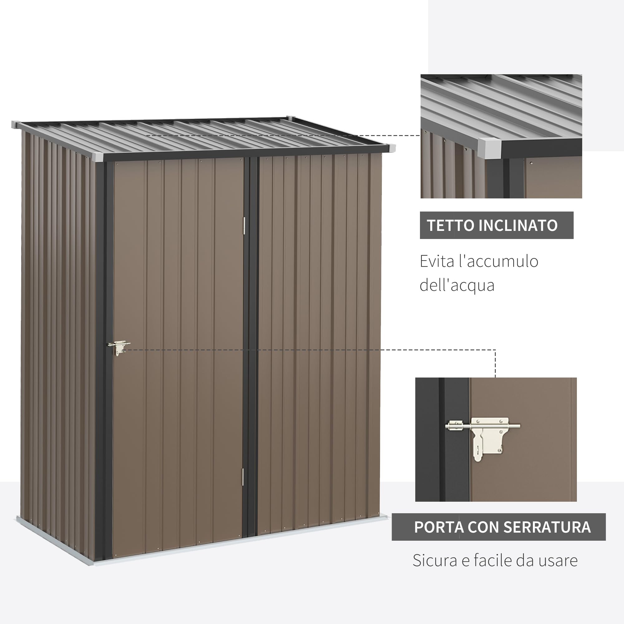 Outsunny Casetta da Giardino 1.34m² Acciaio Zincato Capanno Porta Attrezzi 161.5x94.5x196cm Marrone
