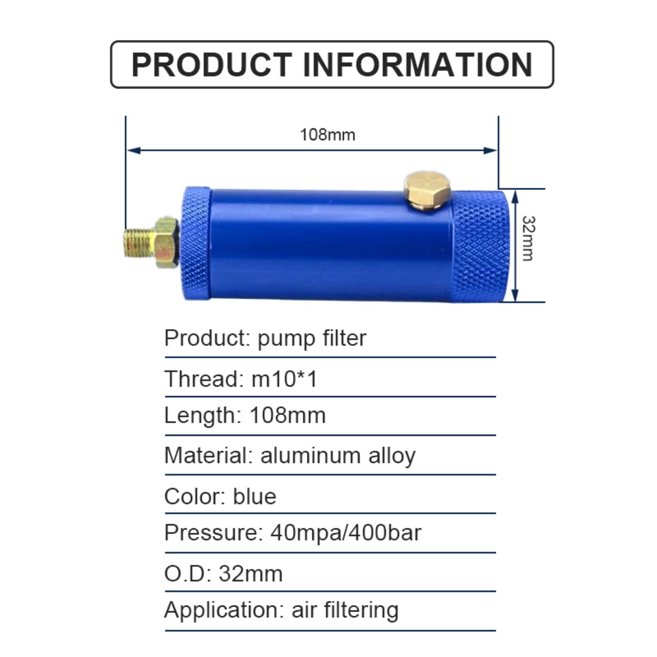 TUXING 4500Psi 300Bar 30Mpa Pompe à main PCP Paintball Filtre Compresseur d'air PCP Séparateur d'eau et d'huile Filtre de plongée Purifier l'air avec tuyau(bleu)