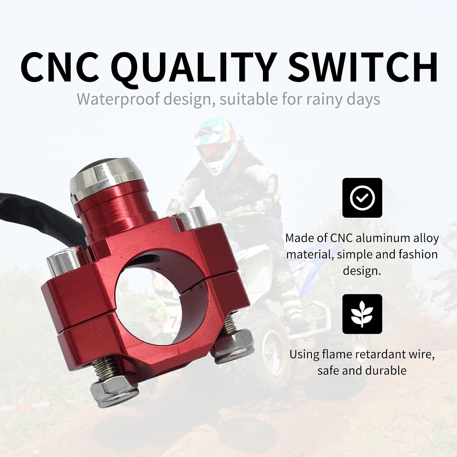 CNC Aluminum 7/8" Motorcycle Handlebar Control Horn Start Switch Button Momentary Action with Two Bullet Connectors Red