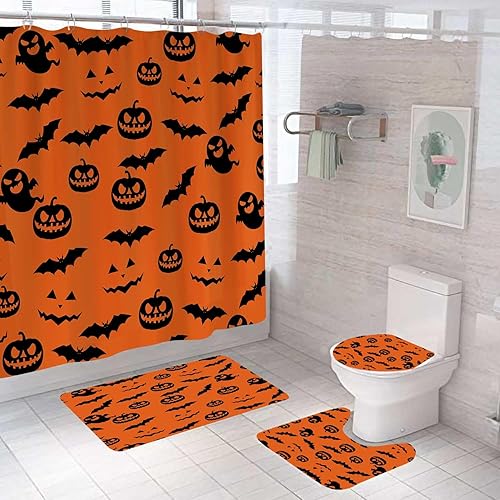 Miniatura 24 de Juego de 4 cortinas de ducha de Halloween con alfombras, divertida cortina de ducha fantasma, cortina de ducha rosa de tela impermeable, cara Rosa