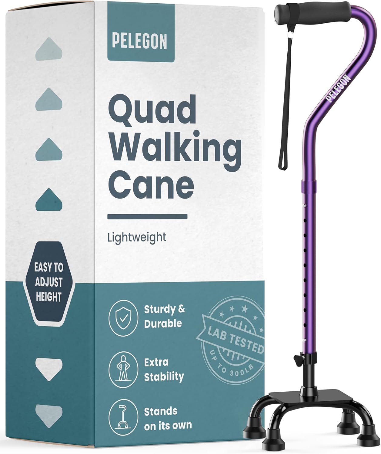 Quad Cane (300 lb) - Adjustable Walking Cane with A Large 4 Pronged Base for Extra Balance & Stability, Walking Canes for Seniors, Walking Cane for Men & Women, Walking Sticks