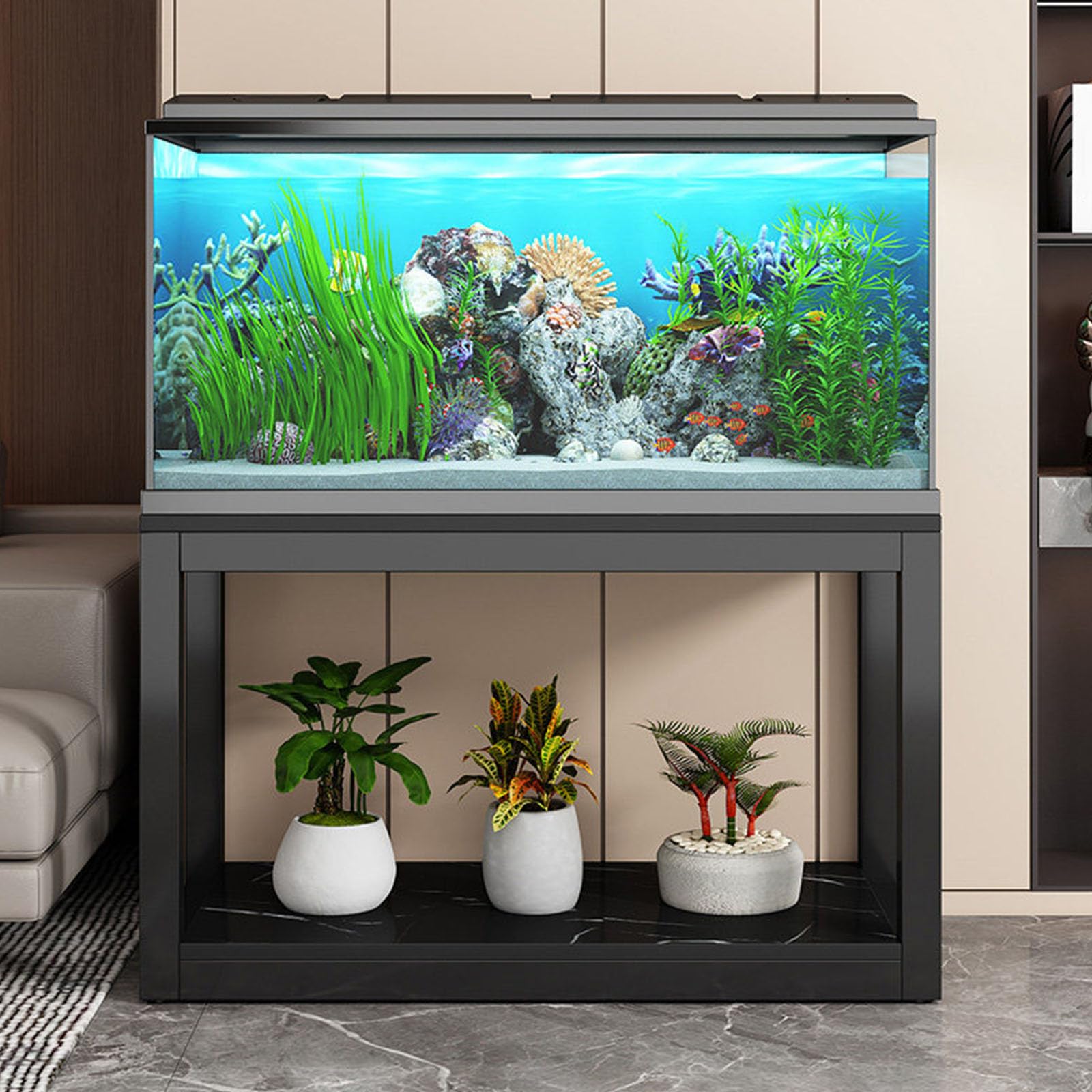 Mueble de acuario para salón con textura de mármol y estantes