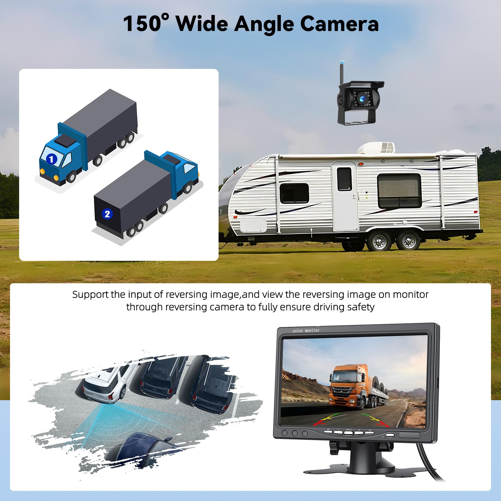 Camera de Recul pour Voiture 2 Caméras sans Fil WiFi Stable, 1080P HD Caméra de recul IP68 étanche Avertisseur d'angle Mort pour Camping Car/Camion/RV/Remorques/Agricole/Motorhome 12V-24V