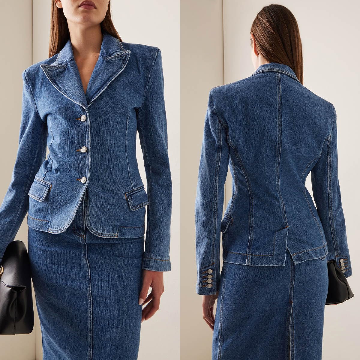 Donna Tuta in Denim con Giacca e Gonna Monopetto per riunioni e Ufficio di Natale