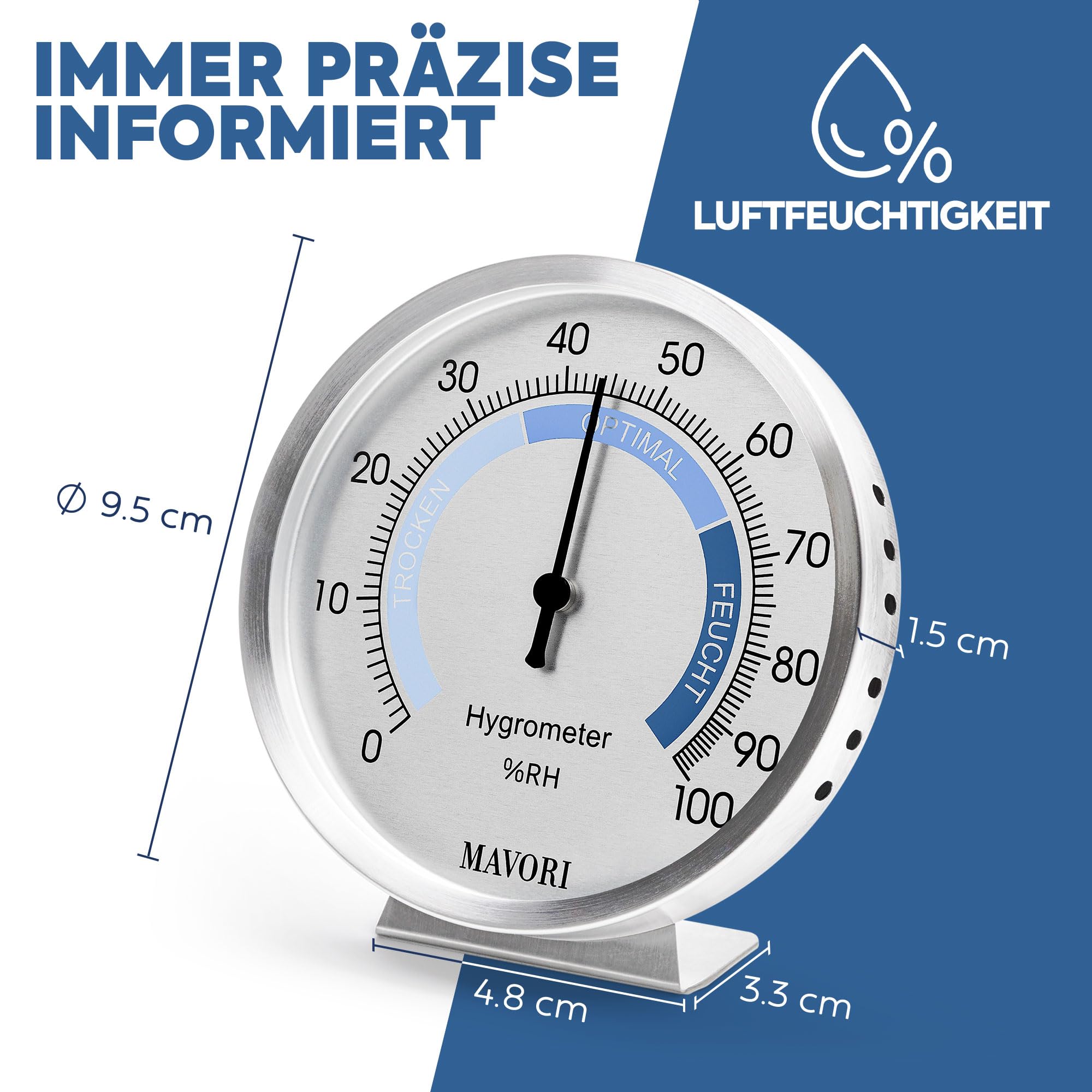 Hygrometer innen analog aus Edelstahl - eleganter & präziser Luftfeuchtigkeitsmesser für ein gesundes Raumklima - umweltfreundlicher batteriefreier Betrieb - Ø 9,5 cm