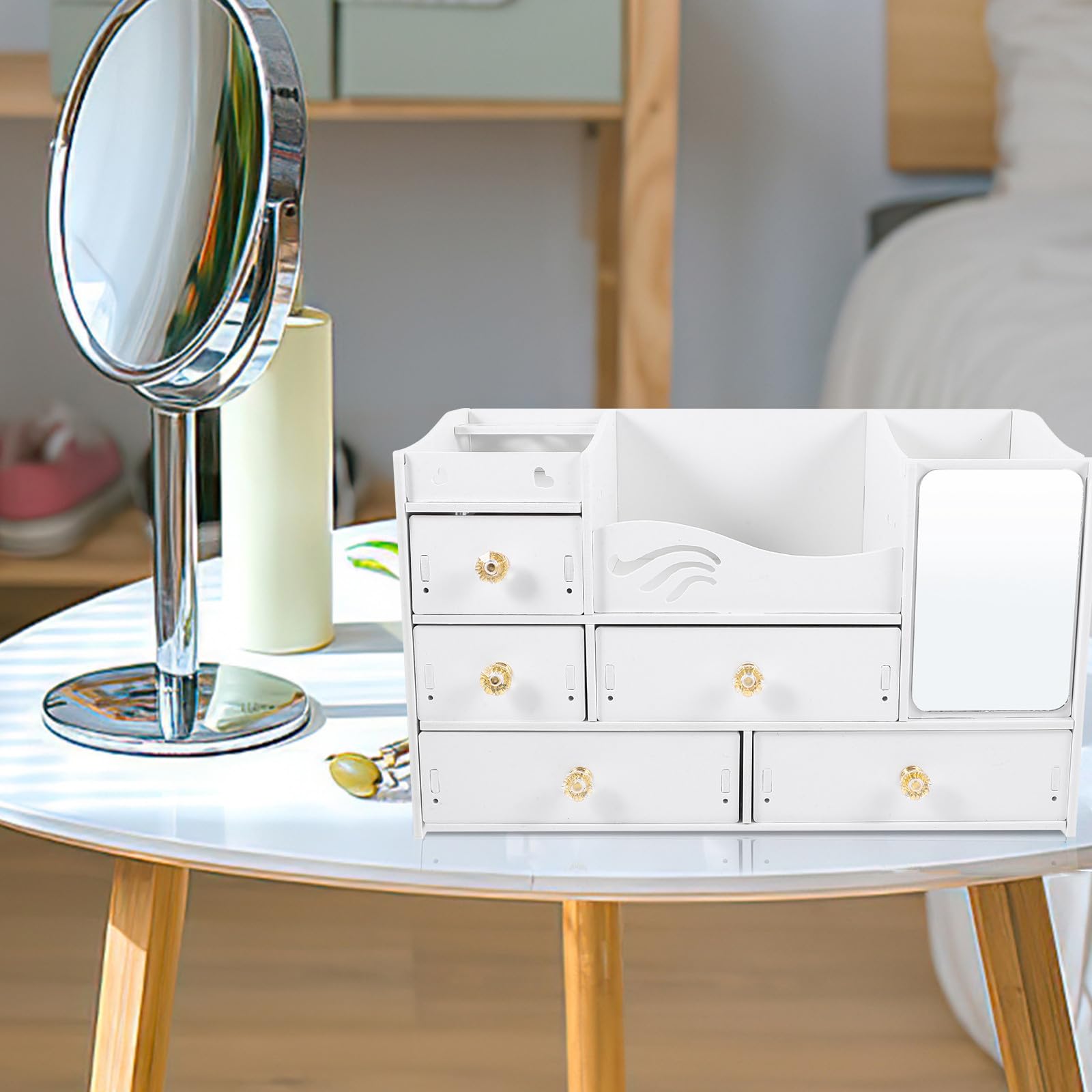 Scatola Organizer Cosmetici da Tavolo con Cassetti, Bianco | Capienza Ampia, Pvc e Pannello Legno-plastica, Accesso Rapido Sul Piano, Struttura Semplice e Decorativa