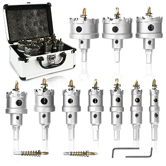 12PCS Carbide Hole Saw Kit 5/8" - 2-1/8", Heavy Duty Hole Saw Set for Hard Metal, Stainless Steel, Iron, Wood & Plastic - Durable Carbide Tip Hole Saw Set for Precision Cutting