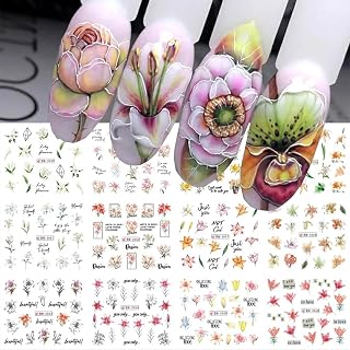 12 Sheets Lily Flowers Nail Stickers Water Transfer Decals Slider Art Decorations White Flower Green Leaf Geometric Line Sliders Spring Floral Design Acrylic Stickers for Women Supply