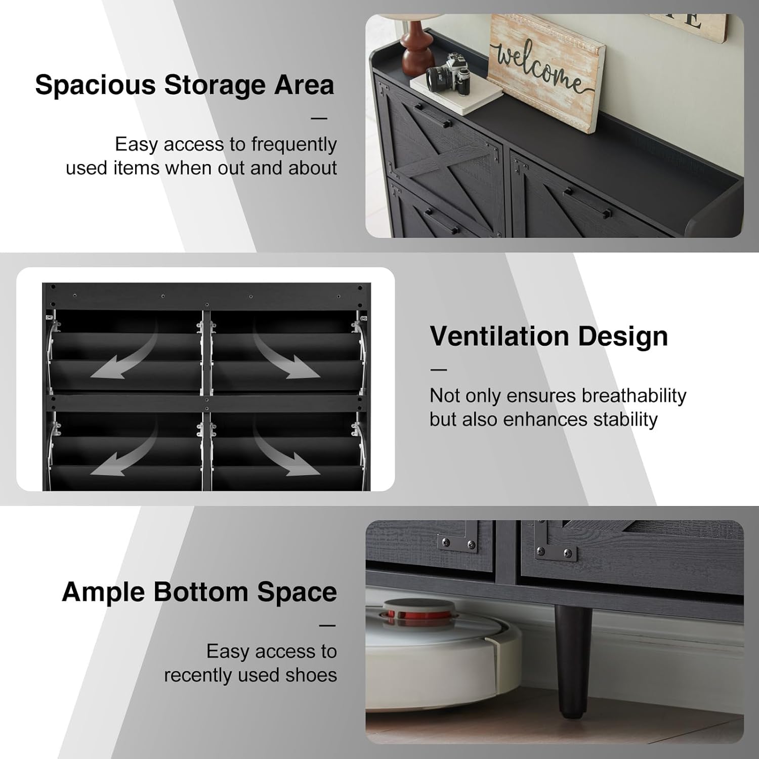 Close-up of the shoe cabinet's features including spacious storage, ventilation, and ample bottom space
