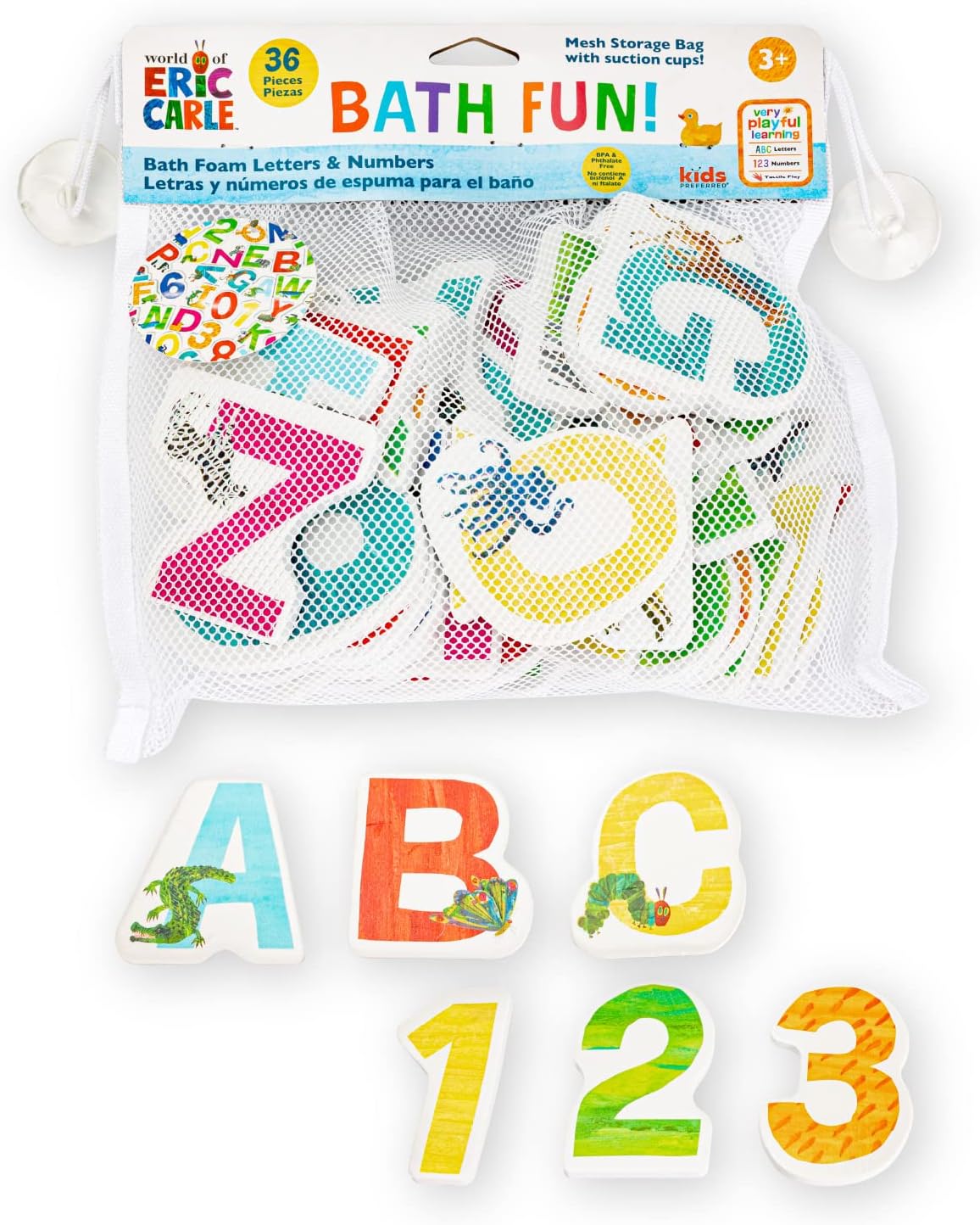 Kids Preferred World of Eric Carle Bath Time 36 Piece Foam Bath Toys Letters and Numbers Set for Toddlers and Mesh Bag Perfect for Water Play Ages 3 and Up