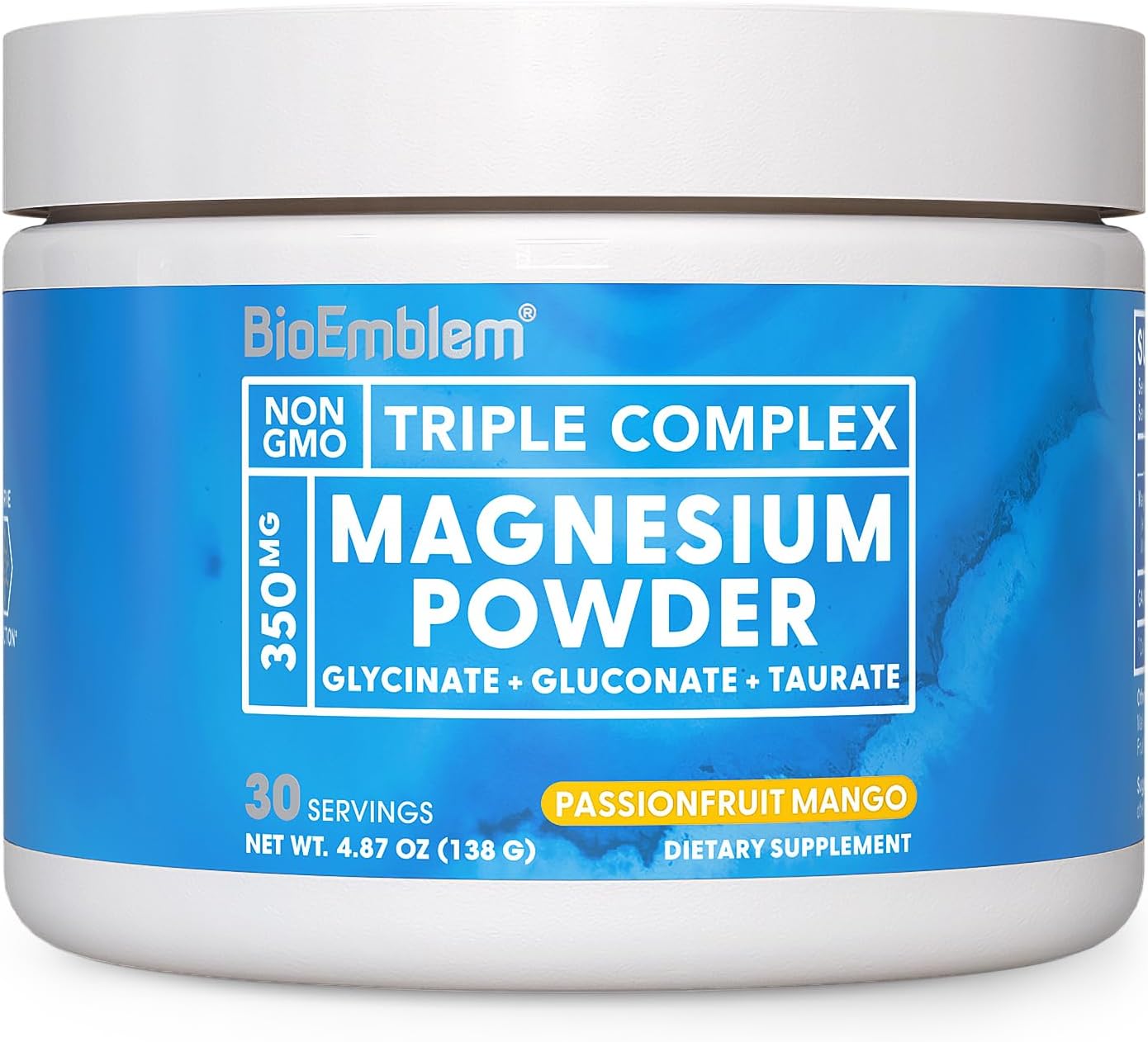 BioEmblem Triple Magnesium Powder Drink - 350mg High Absorption Magnesium Glycinate, Gluconate, Taurate & GABA for Rest, Sleep, & Brain Health - Passionfruit Mango Flavor - Vegan - (30 Servings)