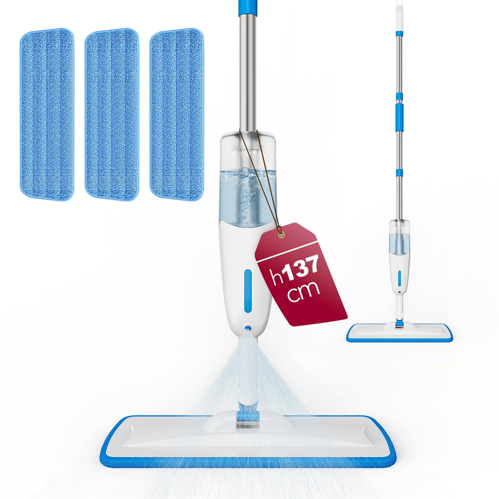 Enigma 137cm Spray Mop with 3 Washable Pads Wet & Dry Use Refillable Bottle Lightweight & Ergonomic Design for Hard Floors Laminate Wood Tile Marble, Vinyl