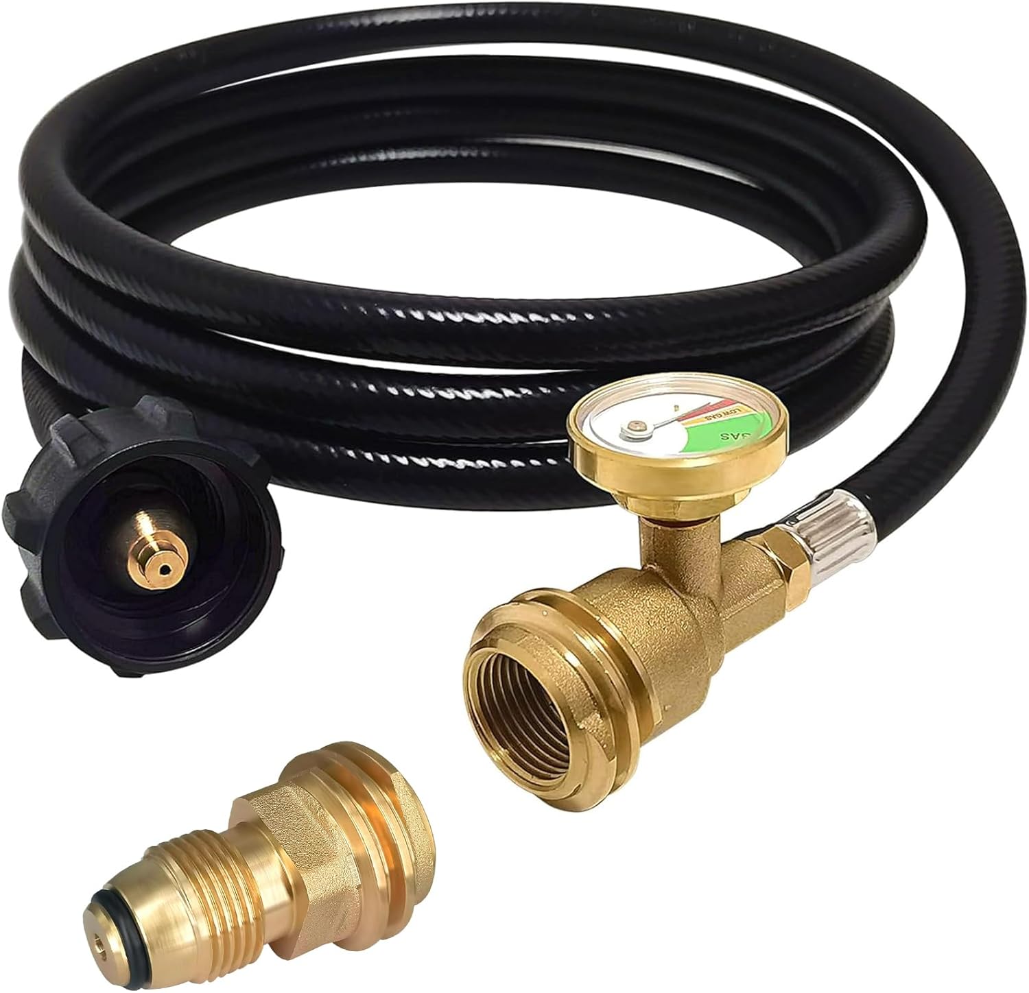 POL to QCC1 Propane Adapter and 8 Feet Propane Tank Extension Hose with Gauge, Acme to Male QCC/POL Fittings for Gas Grill, Heater and All Other Propane Appliances
