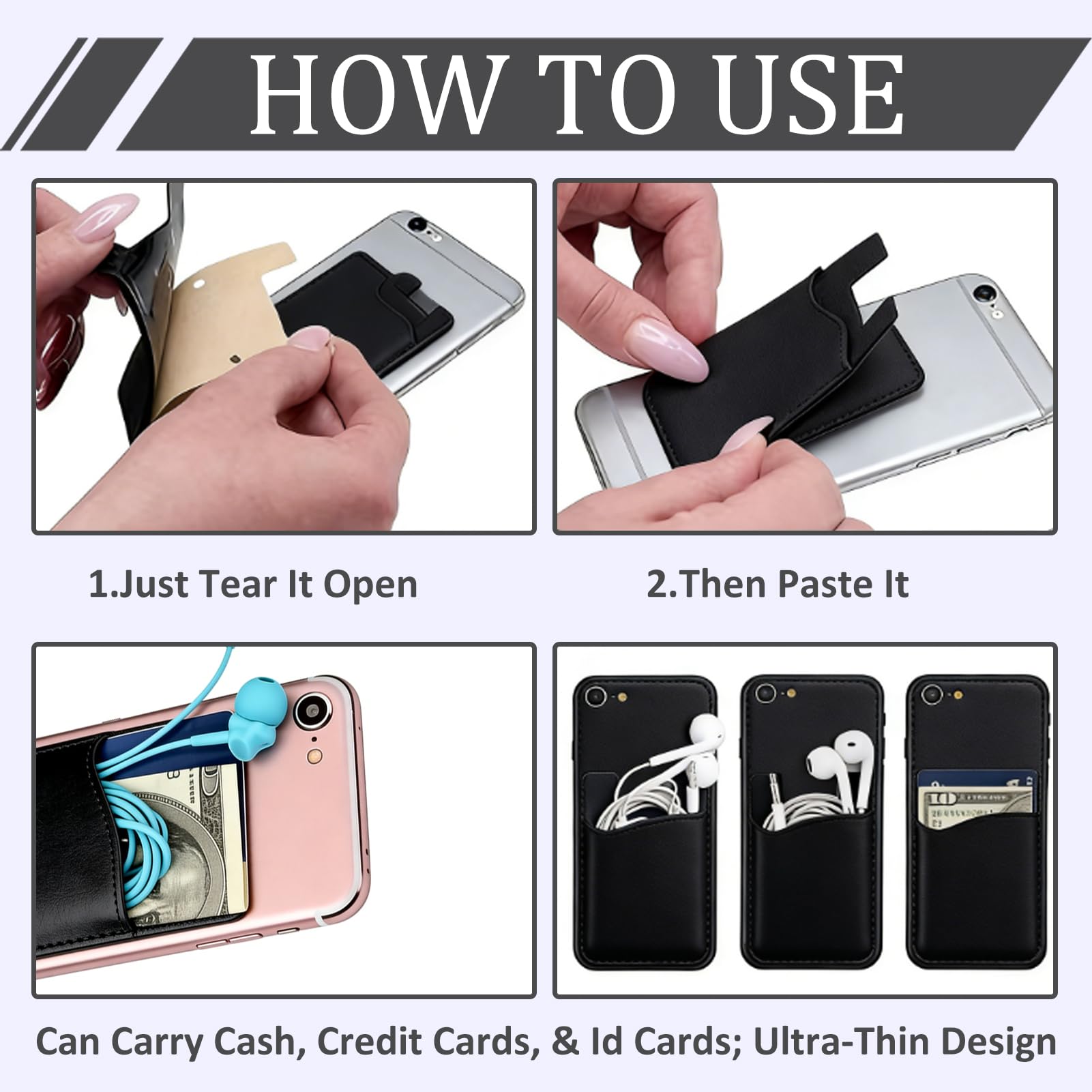 Porte Carte Telephone Adhésif Noir, Pochette Carte Bancaire Silicone Simple Couche pour Smartphone