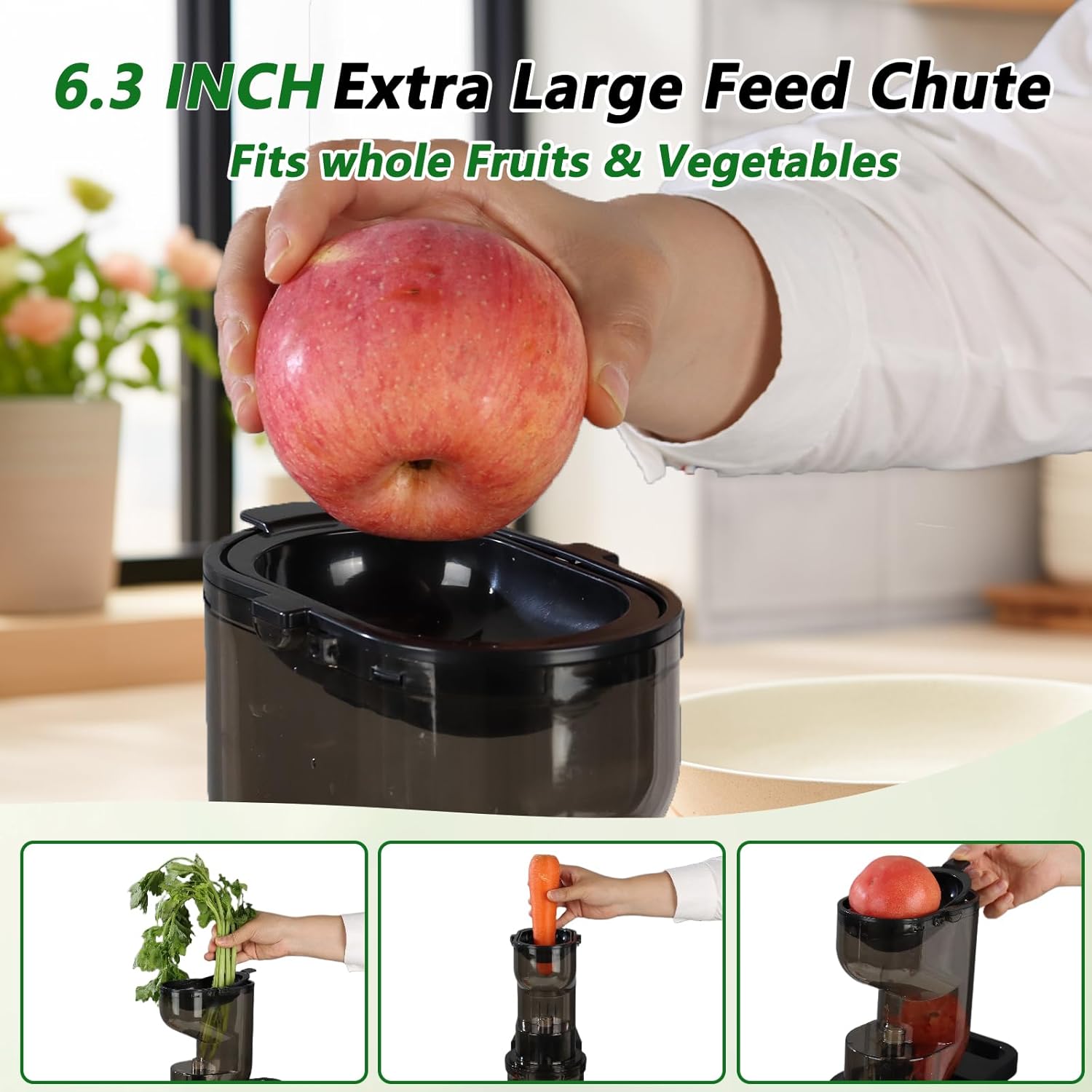 Cold Press Juicer, 6.3" Wide Feed Chute Juice Extractor Machine,High Juice Yield,Slow Masticating Juicer fit Whole Vegetables & Fruits Easy Clean for Batch Juicing BPA Free