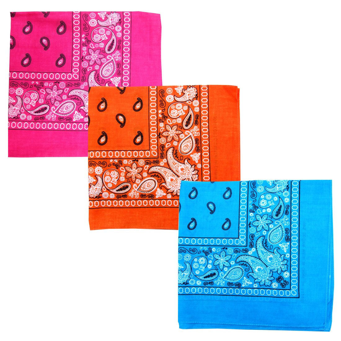 Paisley 3 piece Assorted Cotton Bandanas (Hot Pink / Orange / Turquoise)