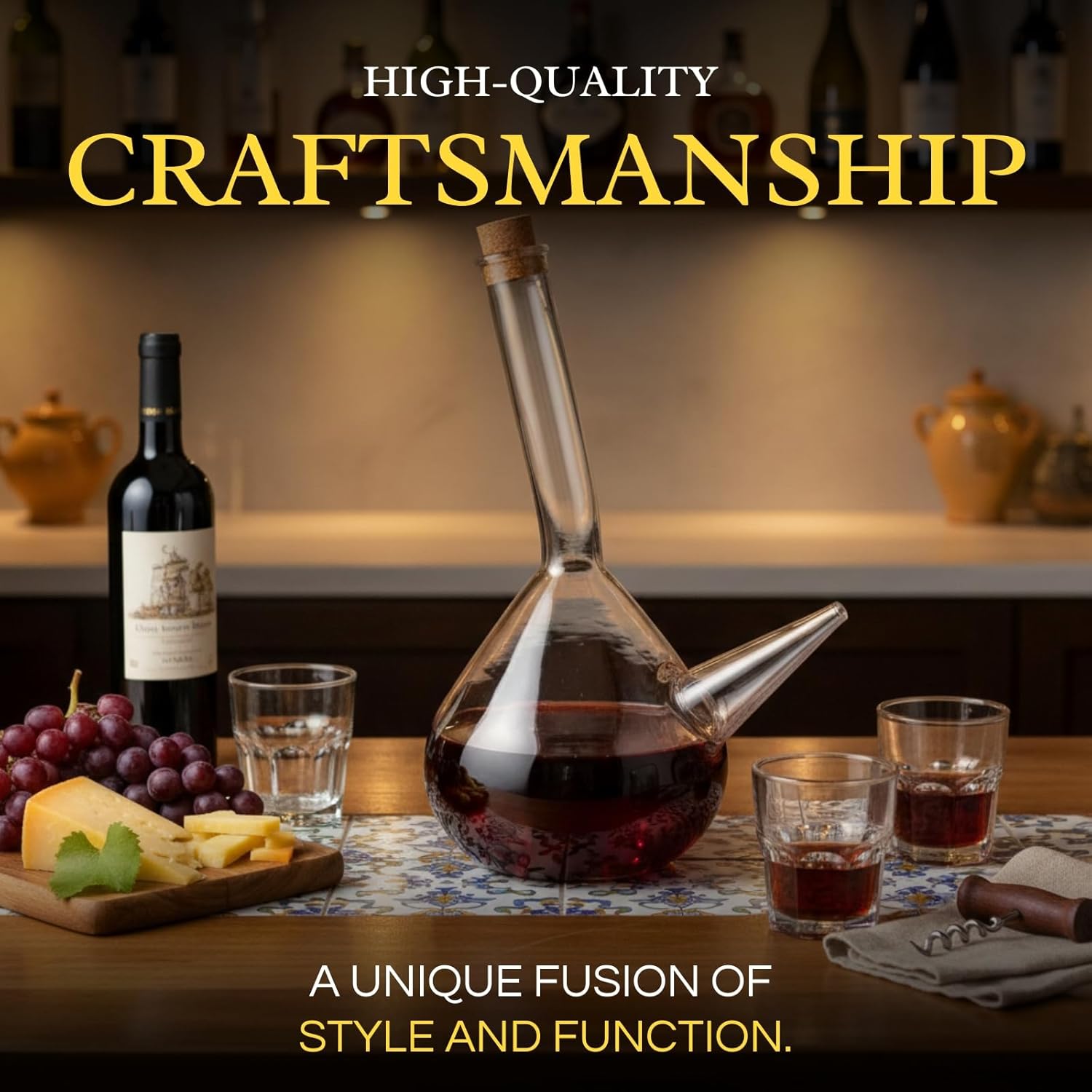 Spanish Porron Porron Glass Decanter 34 oz Wine Pitcher 100% Lead-free Glass Decanter for Red Wine, Hand Blown Wine Decanter, Wine Carafe - Wine Gift, Wine Accessories (1000mL) - Strong Glass, Porròn