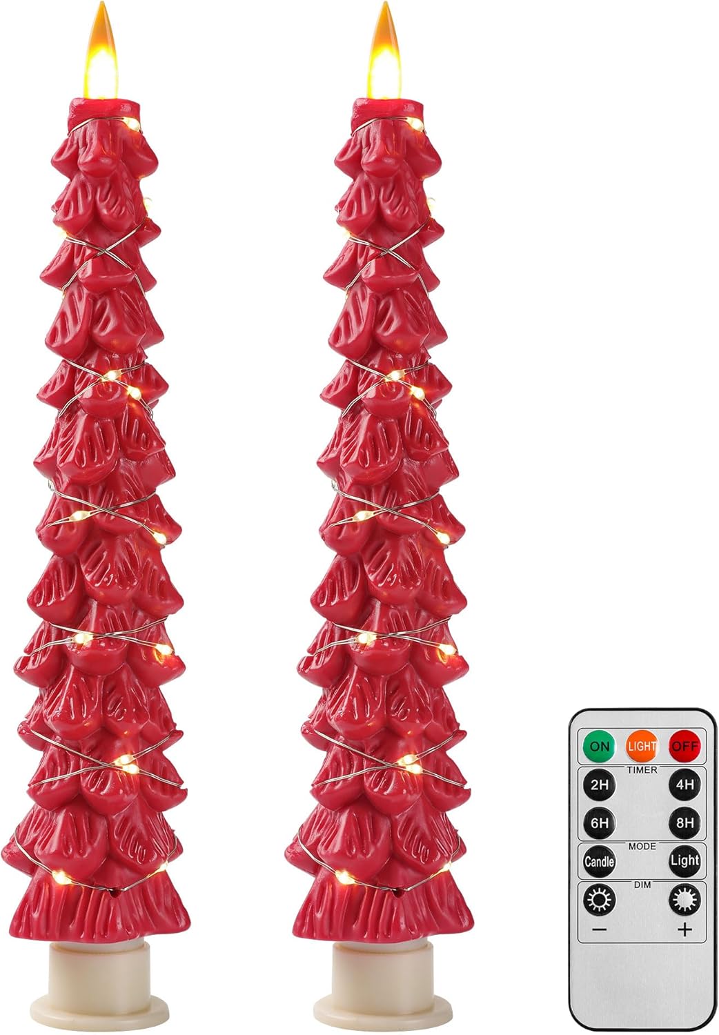 Christmas Tree Candles Surrounded by Fairy Lights, LED flameless Candle Lights with Remote Control Timing Function. red