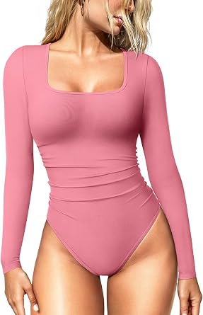 OQQ Womens Bodysuits Ruched Long Sleeve Square Neck Lounge Stretch Travel Bodysuits