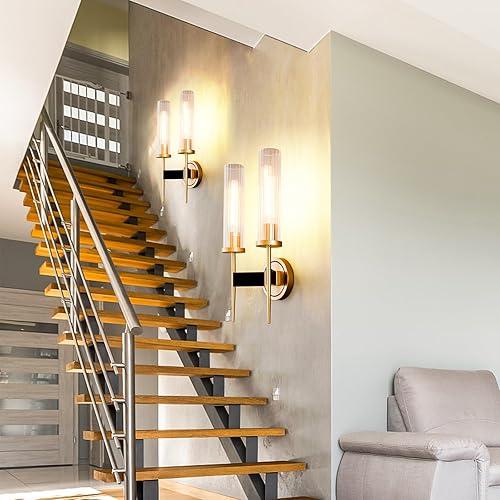 Miniatura 7 de Apliques de pared de latón de 2 luces, apliques de pared de vidrio de 17.7 pulgadas para interiores, apliques de pared dorados para baño, sala de