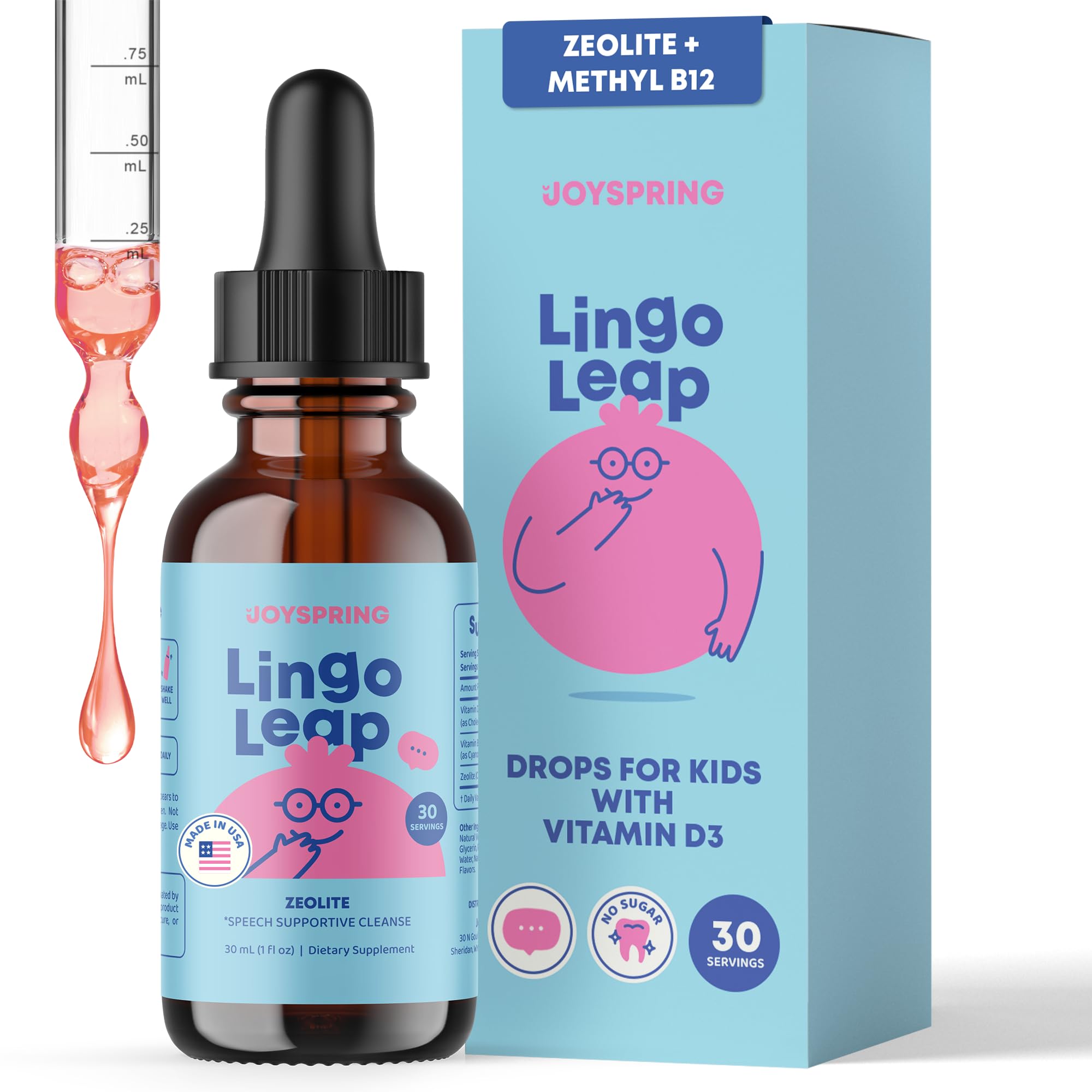JoySpring LingoLeap – Liquid Kids Formula with Zeolite Clinoptilolite, Methylated B12 & Vitamin D3 | Gentle Daily Support for Kids’ Wellness | Ages 3+ | (1fl oz) 30 Servings