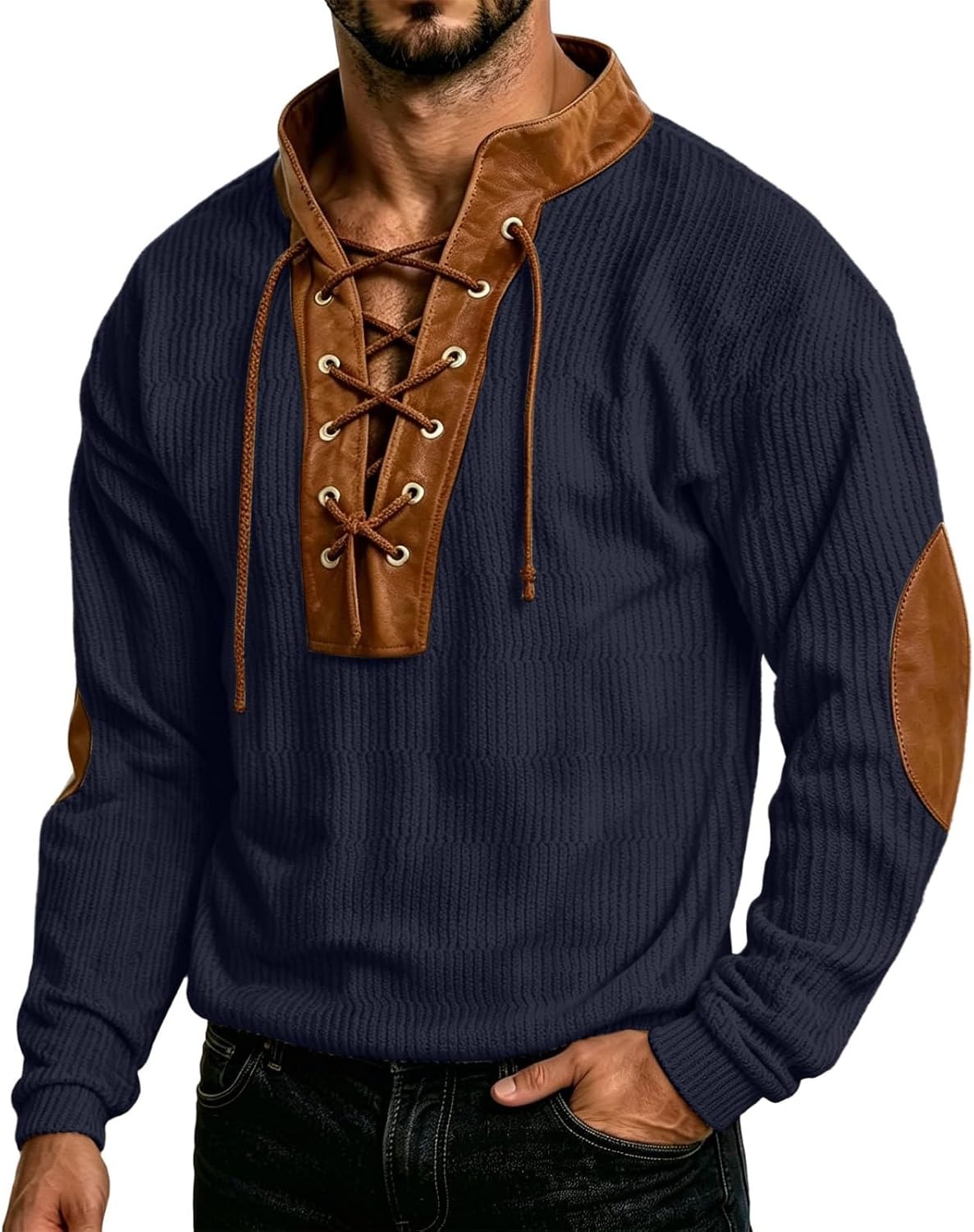 Men's Lace Up Sweaters Ribbed Knit Pullover Sweatshirts | Faux Leather Elbow Patches, Vintage Renaissance Style, V Neck Drawstring Shirts, Medieval Cosplay Costumes Pullover