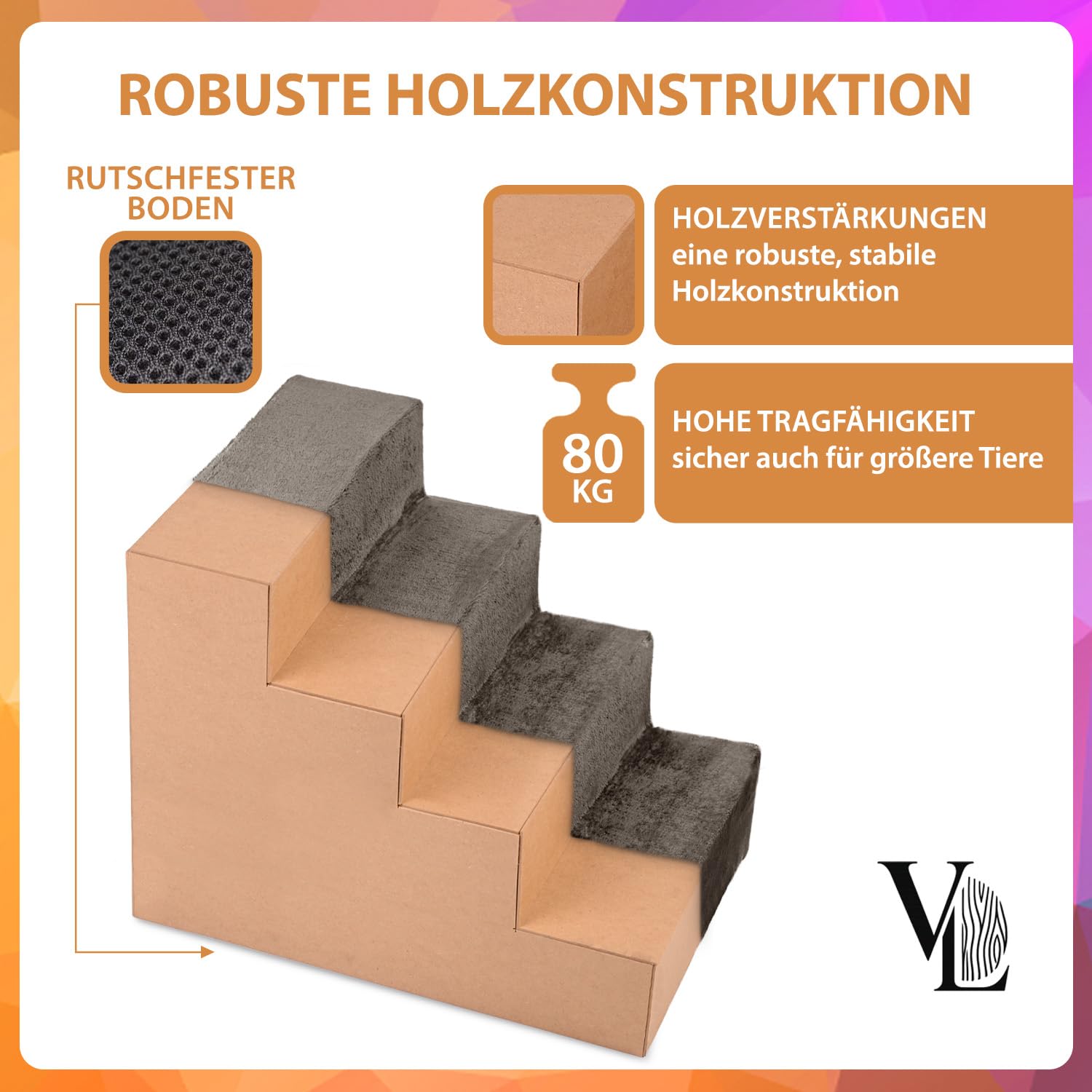 VELORA H&L Hundetreppe 4 Stufen Hellbraun - Stabile Holzkonstruktion mit Veloursbezug, rutschfeste Hundetreppe für Sofa und Bett, Haustiertreppe für Hunde und Katzen, Belastbar bis 80 kg