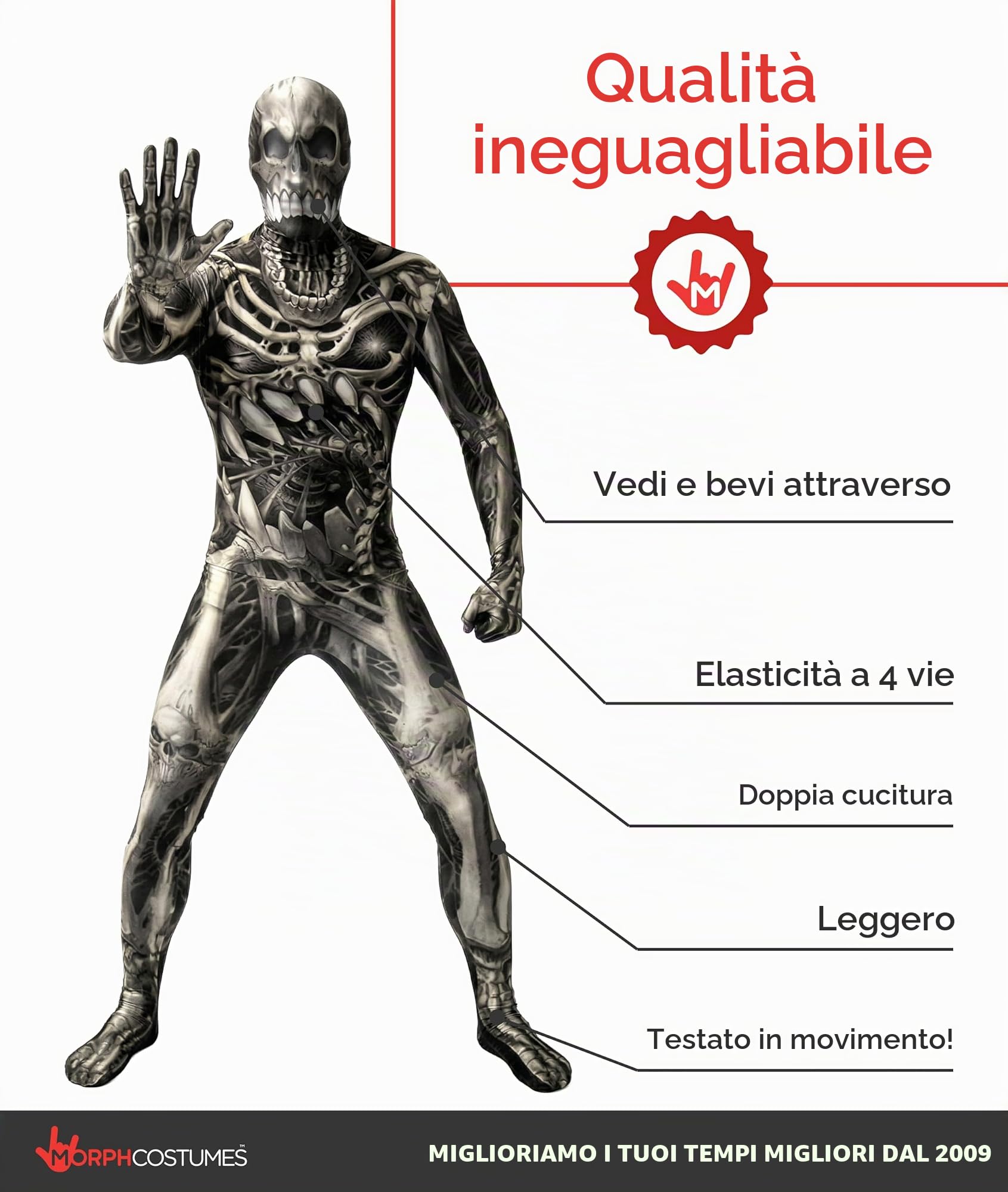 Morphsuits Costume Arachnomania Adulti, Costumi Halloween Uomo | Tuta Integrale Grigia con Cappuccio, Tinta Unita Versatile, Chiusura con Zip, Perfetto per Halloween, Ideale per il Cosplay
