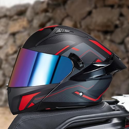 Miniatura 4 de Casco modular de motocicleta con visera doble, abatible, de cara completa FF808, aprobado por DOT para adultos, hombres y mujeres (Red Mech Man, L)