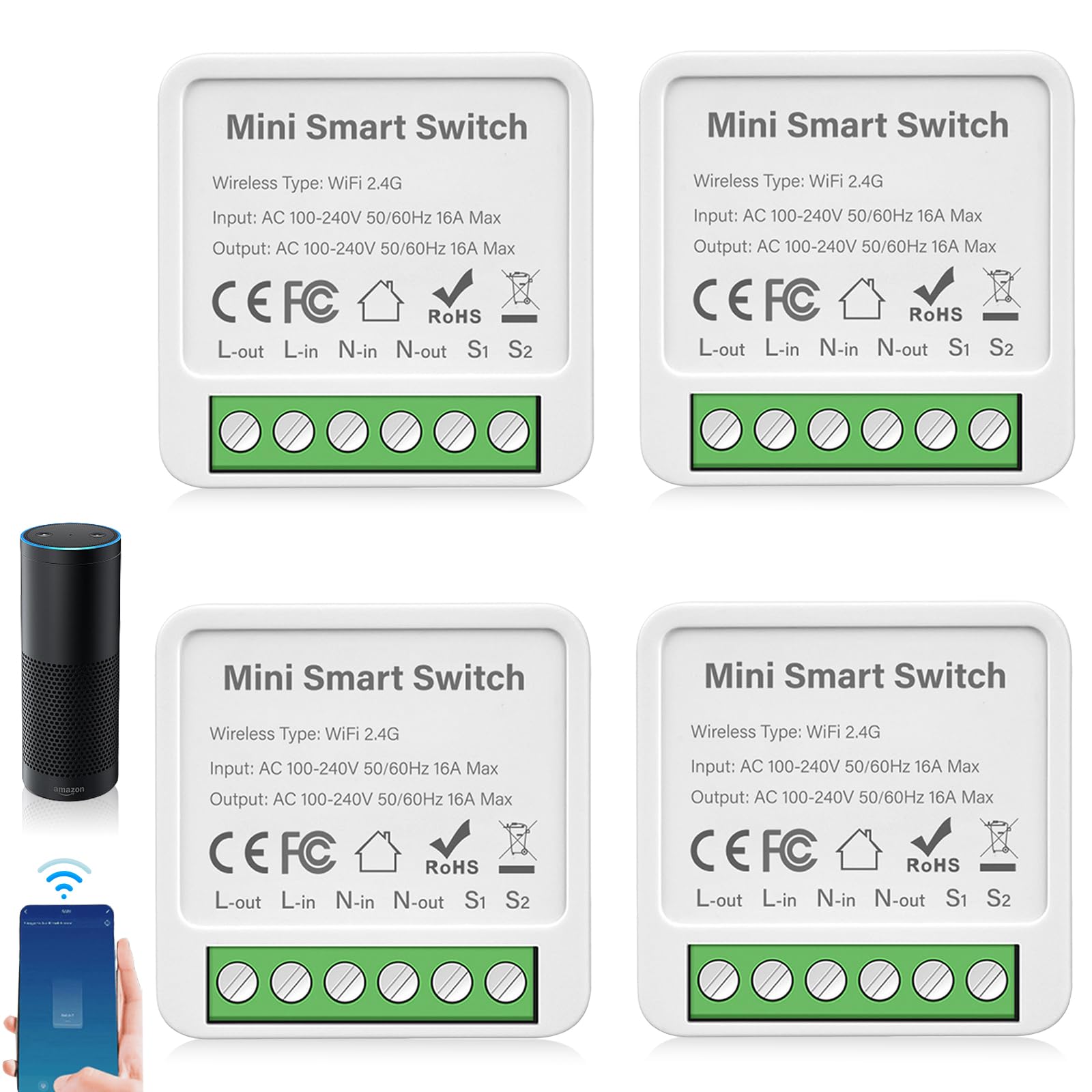 4 módulos de interruptor de luz inteligente de 2 vías, interruptor Smart Life, wifi mini interruptor de relé, interruptor de luz inteligente para el hogar, compatible con Google Assistant y Alexa