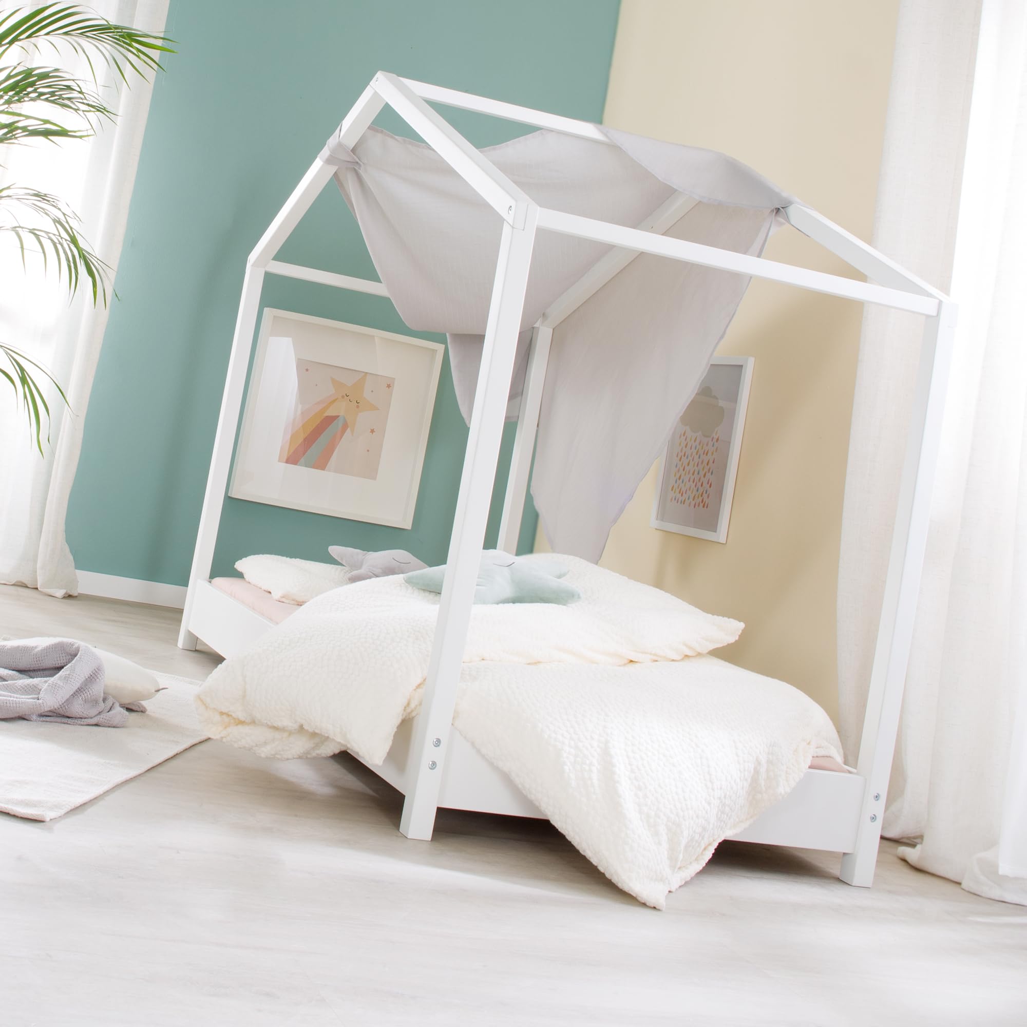 roba Hausbett 70 x 140 cm - Bodenbett für Kinder nach Montessori Prinzip - Erweiterbar durch Lattenrost, Matratze und Hausbettbezug - Holz weiß lackiert