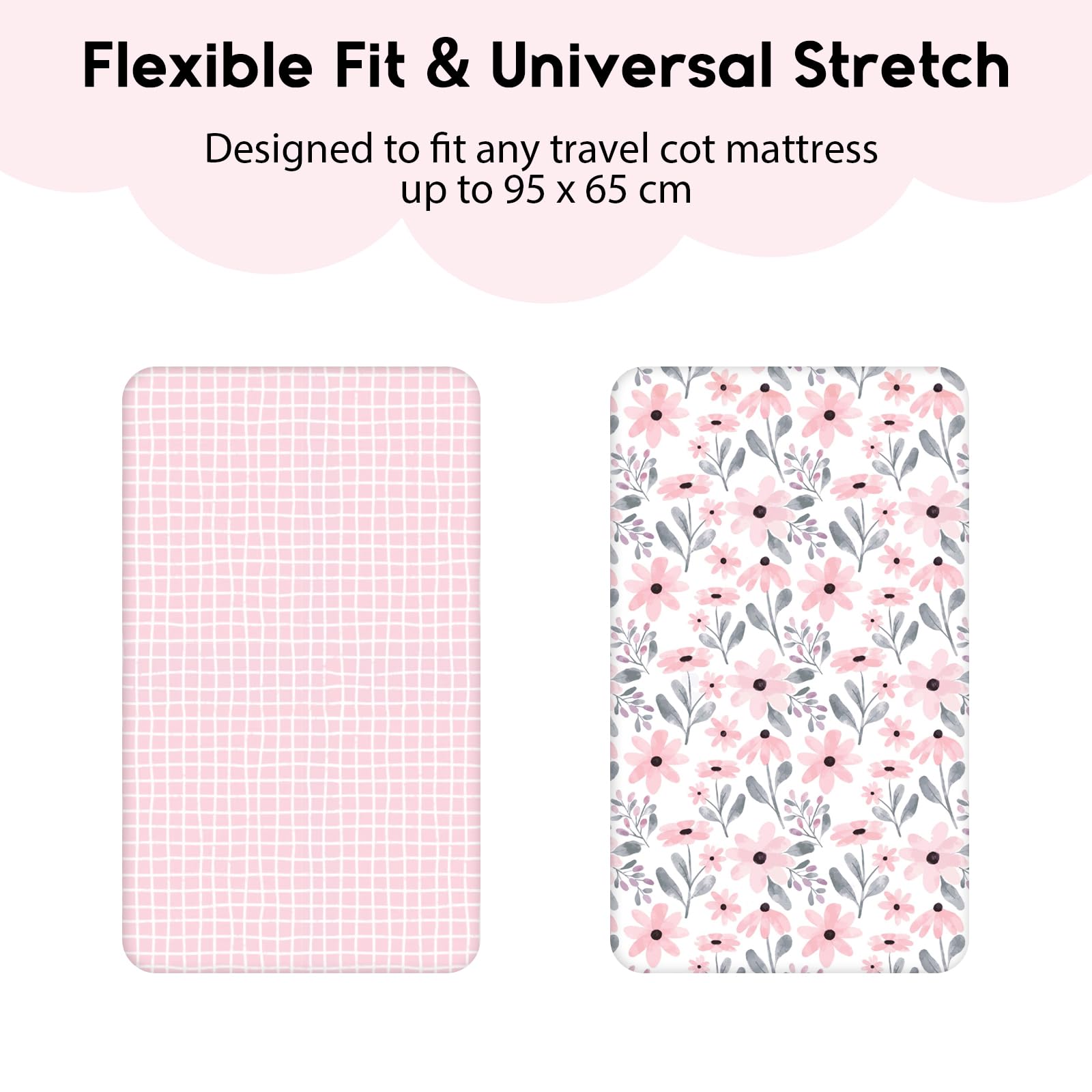 Yoofoss Fitted Travel Cot Sheets - 95 x 65cm, Breathable & Cozy, Elasticated, 2 Pack Pink Floral, Pink&floral, 65x95cm - Image 3