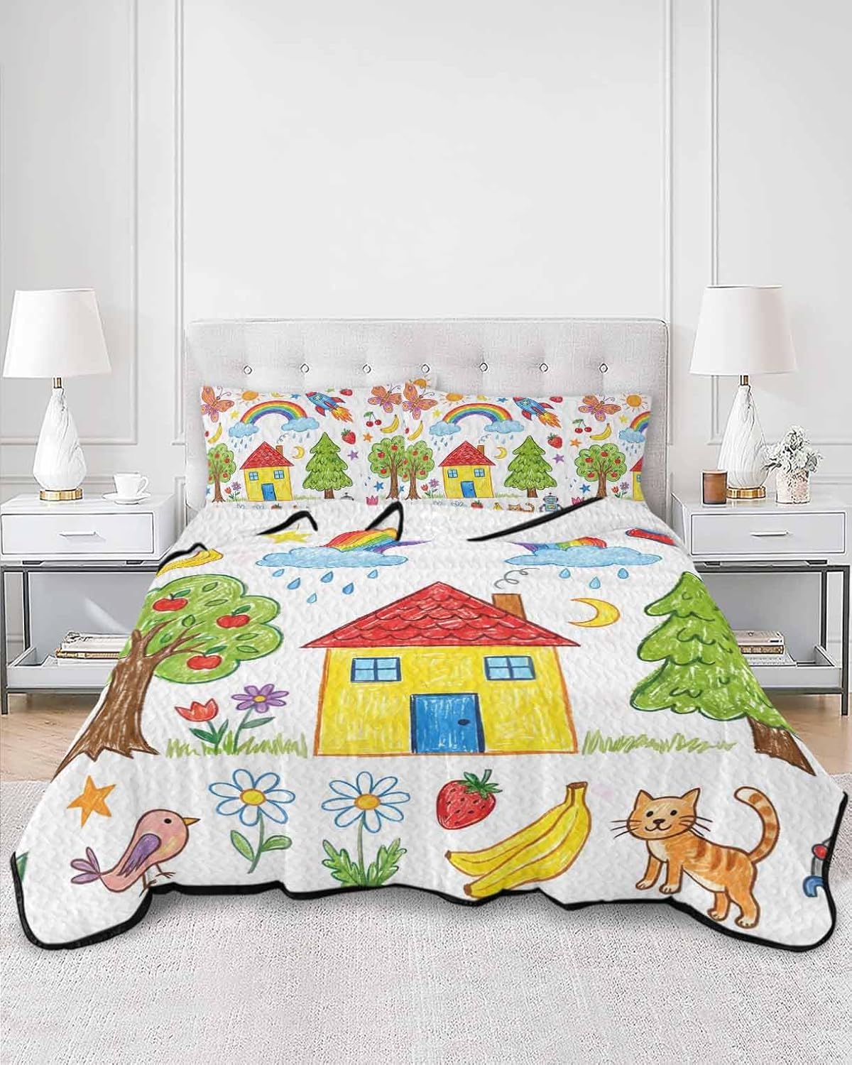 Full Size Quilt Bedding Set, Children's Day Lightweight Summer Quilt 3 Pieces Bedding Sets, Cartoon Painting Rainbow Rocket Butterfly Reversible Soft Bedspreads Coverlets with 2 Pillow Shams