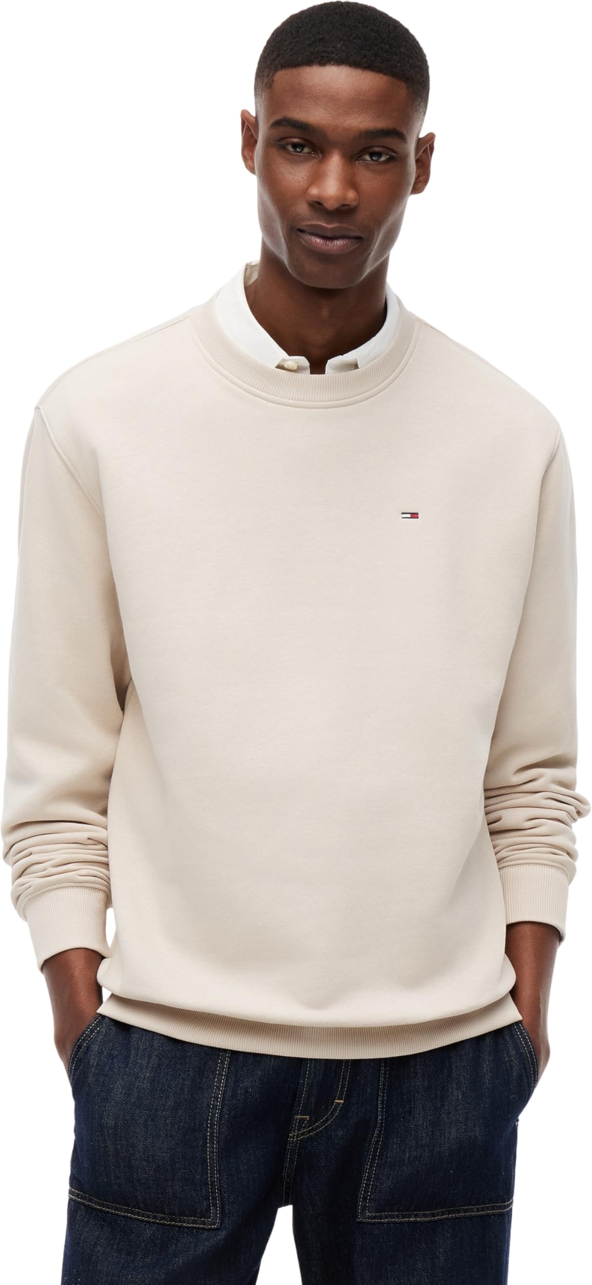 Tommy Jeans Herren Sweatshirt Regular Fit Flag Fleece Rundhalsausschnitt, Beige (Classic Beige), S