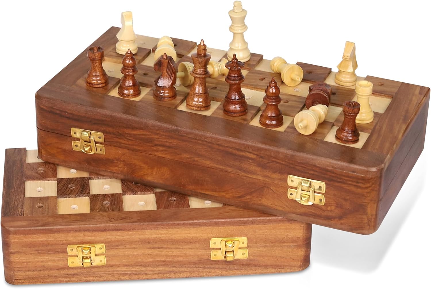 Scacchiera in palissandro, per non vedenti e ipovedenti, scacchiera da viaggio in legno pieghevole da 25,5 cm, con pezzi forati, gioco di scacchi accessibile al tatto per adulti con problemi di vista