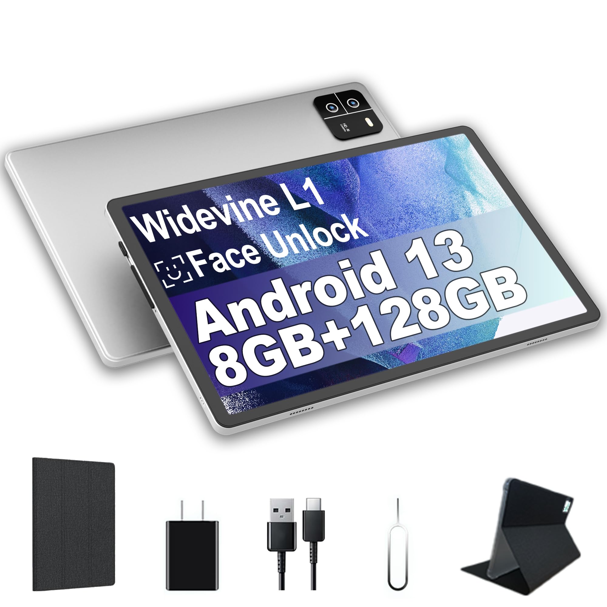 Tableta Android SHOUDUM, tableta Android 13 de 10,1 pulgadas, 8 GB de RAM, 128 GB de ROM y 1 TB expandido, procesador Octa-core, pantalla táctil IPS HD de 1280x800, batería de 8000 mAh, GPS, WiFi 5G, 4G LTE, Bluetooth (plata)