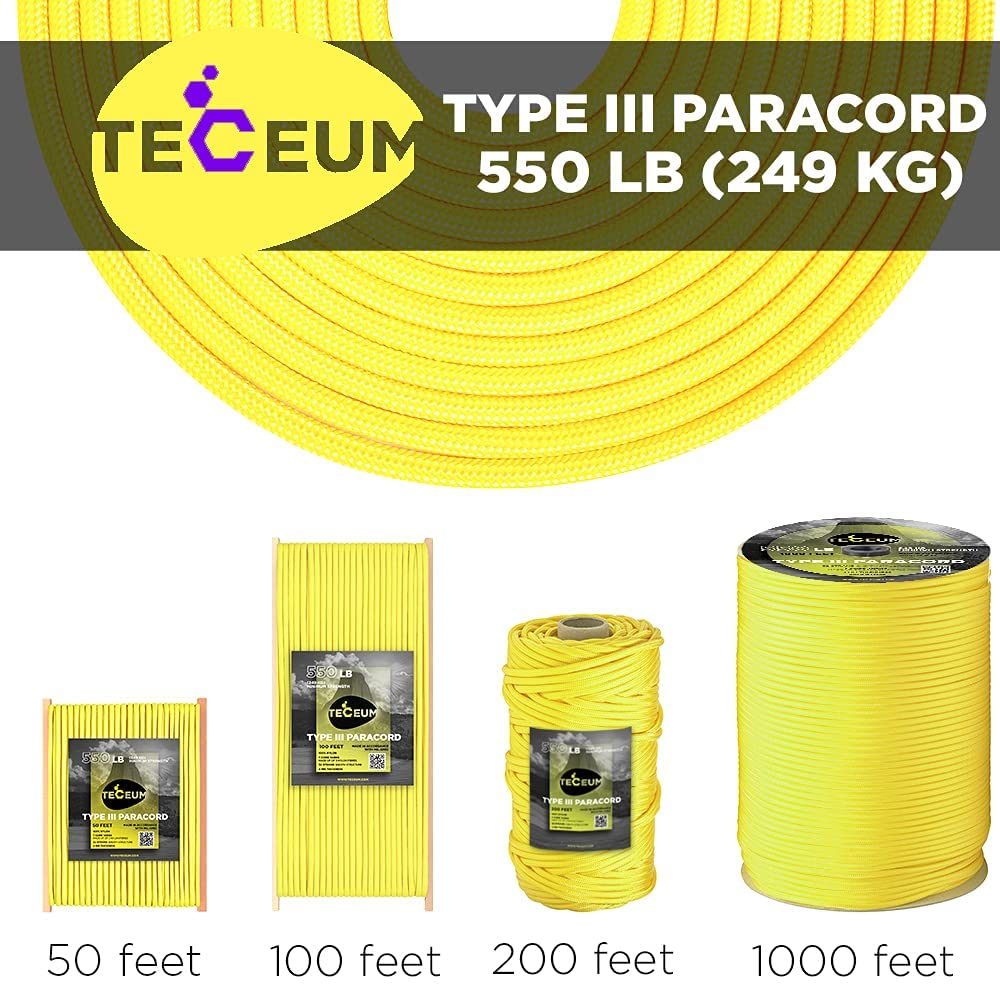 TECEUM Paracord Corda 550 - Giallo 305 m - Cordino 4mm Survival Campeggio | Resistenza 249 kg, 7 fili nylon, attrezzatura tattica, emergenza, tenda, tiranti, bracciale, fai-da-te, Giallo