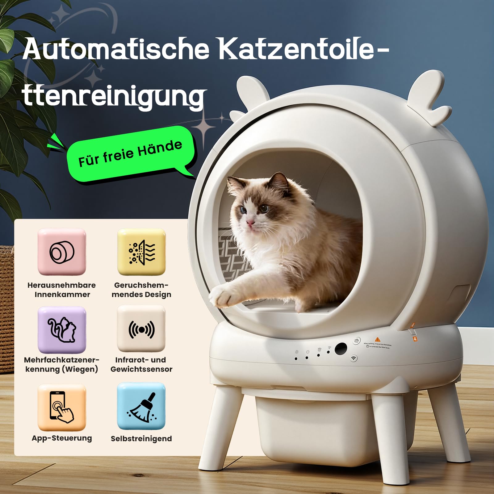 Lettiera Gatto Autopulente,65L Lettiera Elettrica Per Gatti Con 9 Sensori Di Sicurezza,Controllo App Da 2.4 Ghz,Protezione Anti-Pizzicamento,Sicurezza Lettiera Autopulente Per Gatti