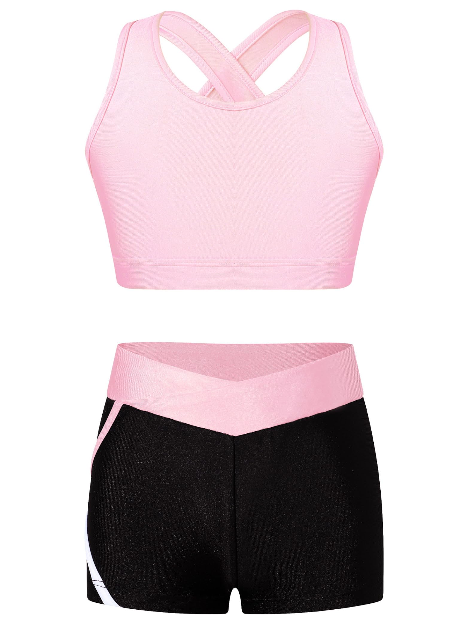 Jhaoyu Tuta Ginnastica Bambina 2 Pezzi - Reggiseno Sportivo Con Spalline Incrociate E Pantaloncini Con Strisce - Abbigliamento Estivo Per Danza E Yoga
