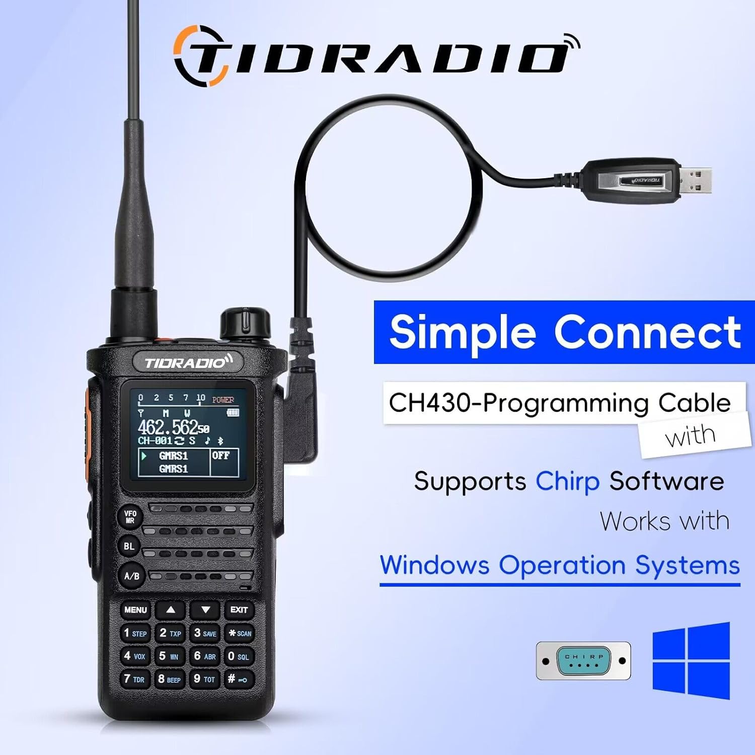 TIDRADIO TD-H8 GMRS Radio with a long antenna, illustrating improved range.