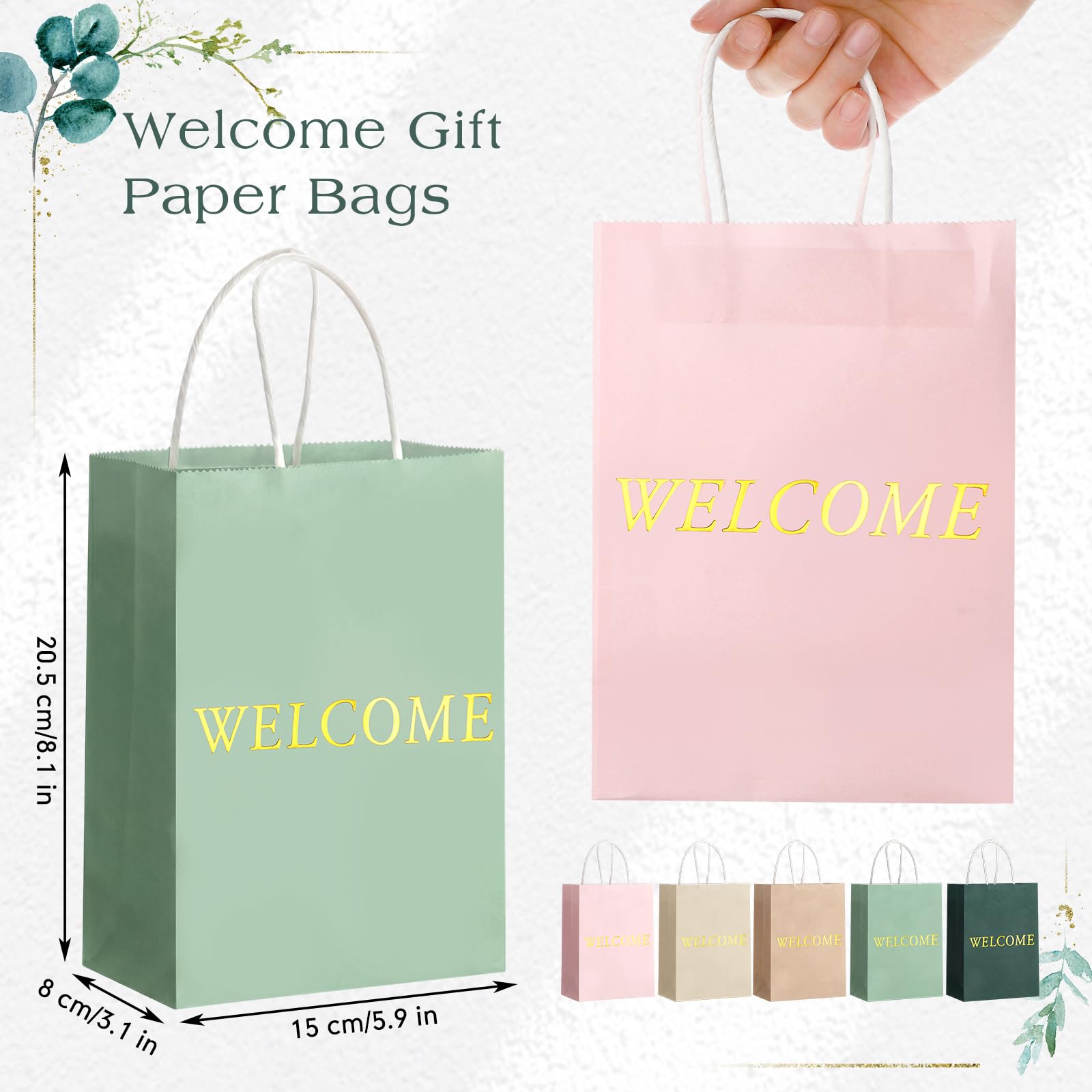 Jexine 100 bolsas de regalo de bienvenida de 5.9 x 3.1 x 8.1 pulgadas, bolsas de bienvenida de papel kraft para bodas, invitados de hotel, visitantes de la iglesia, compras al por menor (verde salvia)