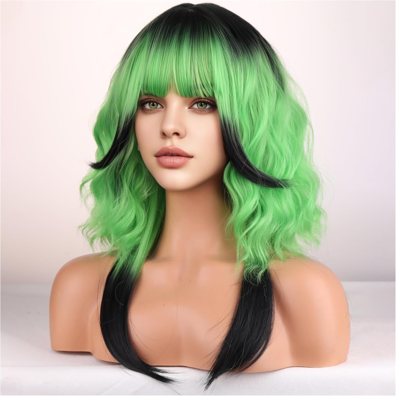 Ombre Black Green Wigs for Women Short Curly Wavy Green Wig for Girls Short Bob Wig With Bangs Heat Resistant Synthetic Wigs for Cosplay Costume Party - Image 3
