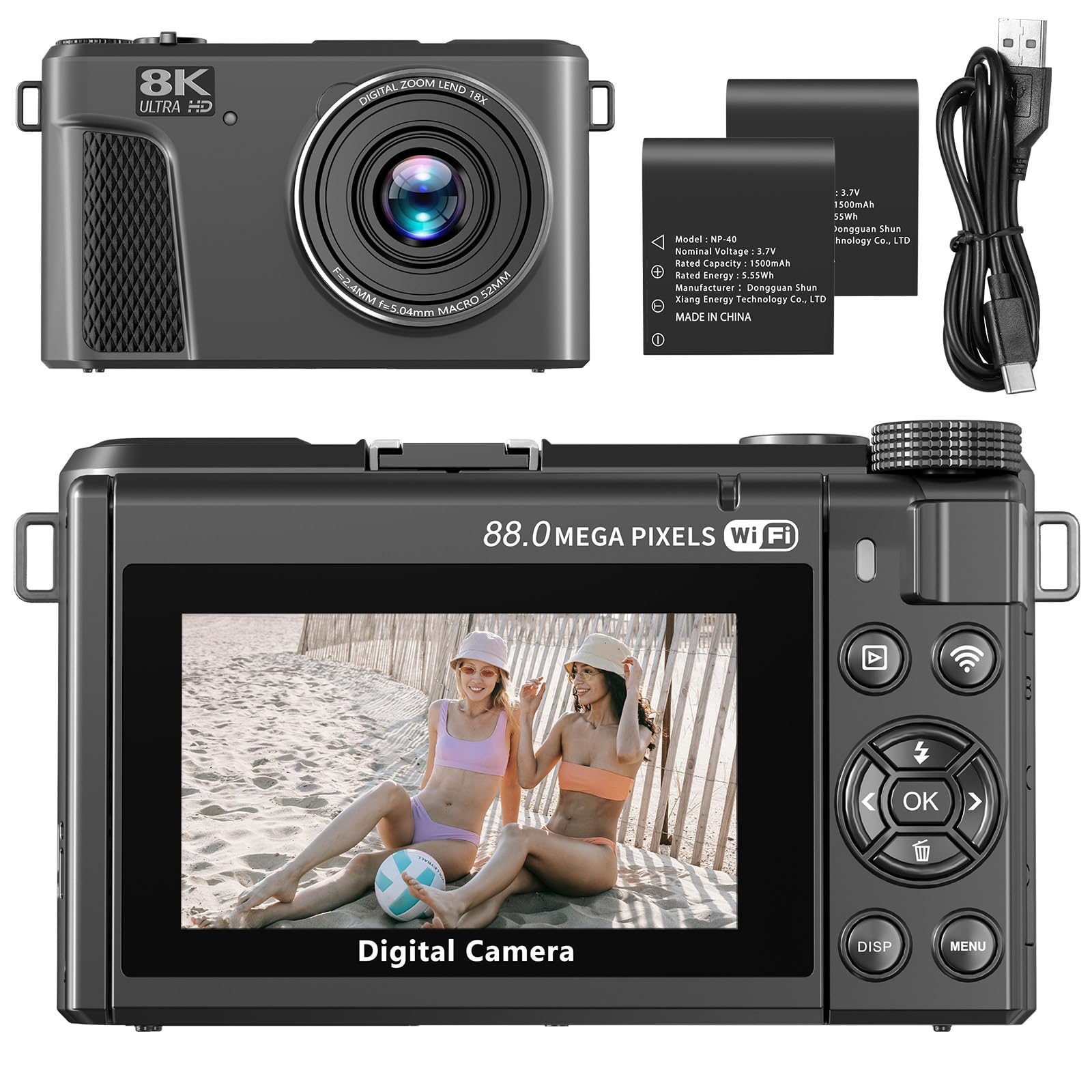 8K Digital Camera for Photography, 88MP WiFi Vlogging Camera for YouTube with 18X Digital Zoom & 3" 180°Flip Screen, Autofocus Vlog Cameras with Lens Cap, 32GB Card, 2 Batteries(Gunmetal)
