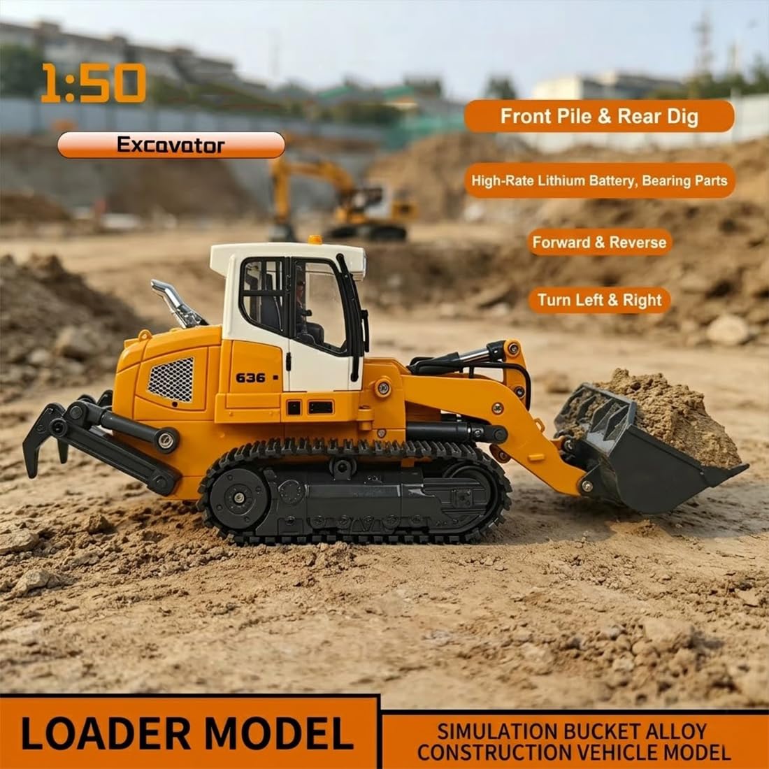 Koparko-ładowarka RC w skali 1/50 – 2,4 GHz 26-kanałowy model pojazdu budowlanego z efektem dźwiękowym i świetlnym oraz wiadro 3 w 1 do pracy na zewnątrz i wyświetlacza, prezent dla