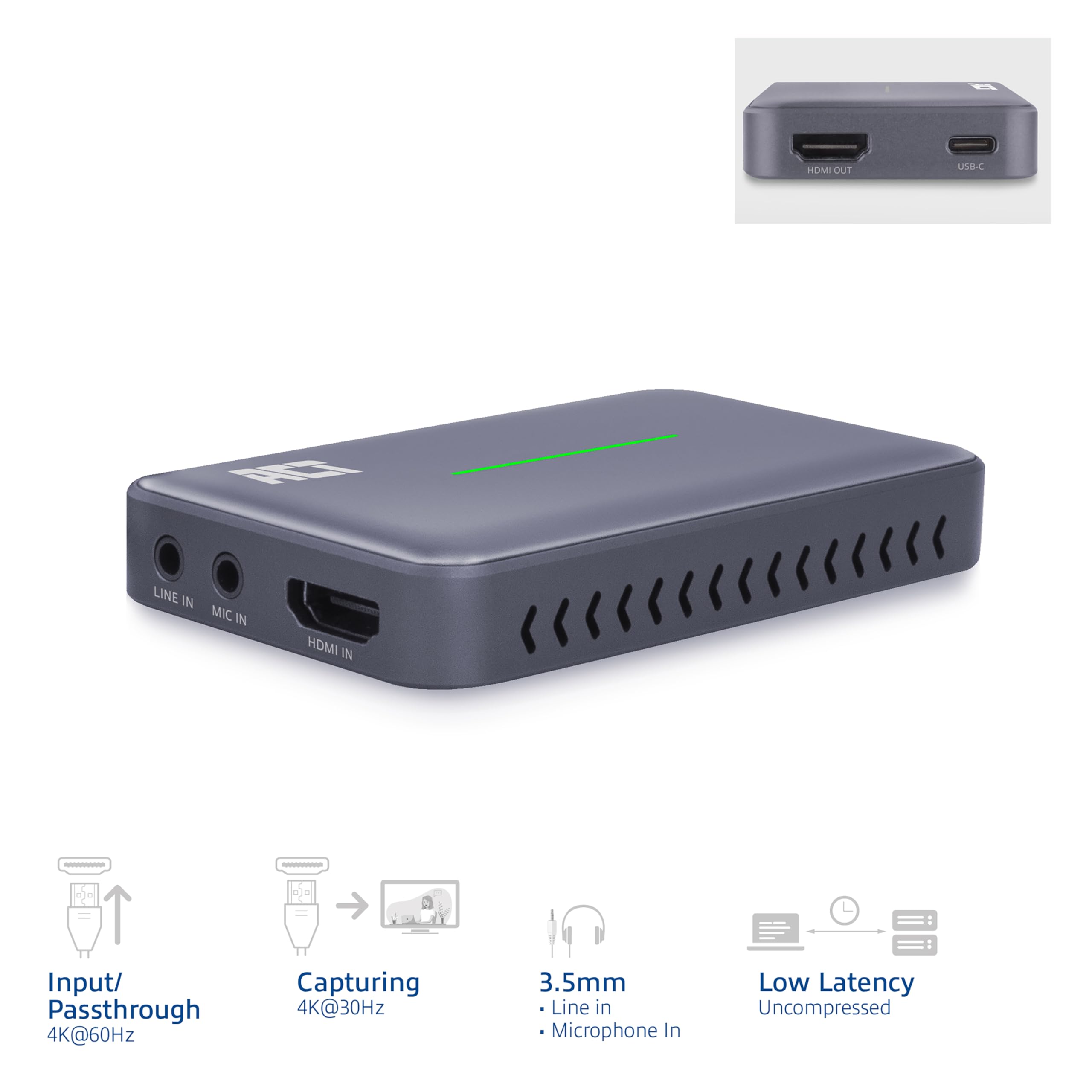 ACT Video Capture Card, 4K HDMI Loop-Out, HDMI Capture Card con USB Type-C, scheda di registrazione video audio per streaming, gaming PS5/Xbox/Switch/Twitch/Youtube/OBS - AC7600