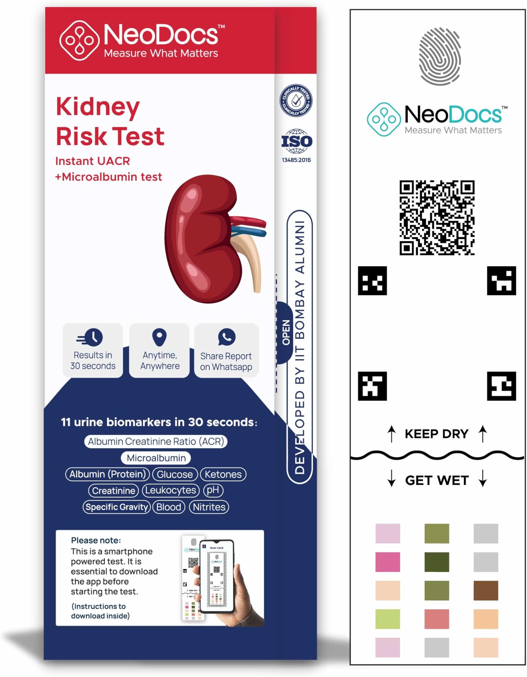 Neodocs Kidney wellness Urine test for Diabetes care & blood pressure | For patients on Kidney creatinine medicine | Track uACR, Protein, Urine Creatinine, Ketones, pH, etc | Pack of 1